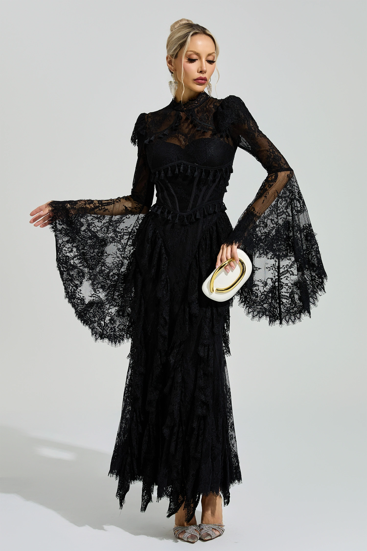 Gadamer Black Floral Lace Maxi Dress