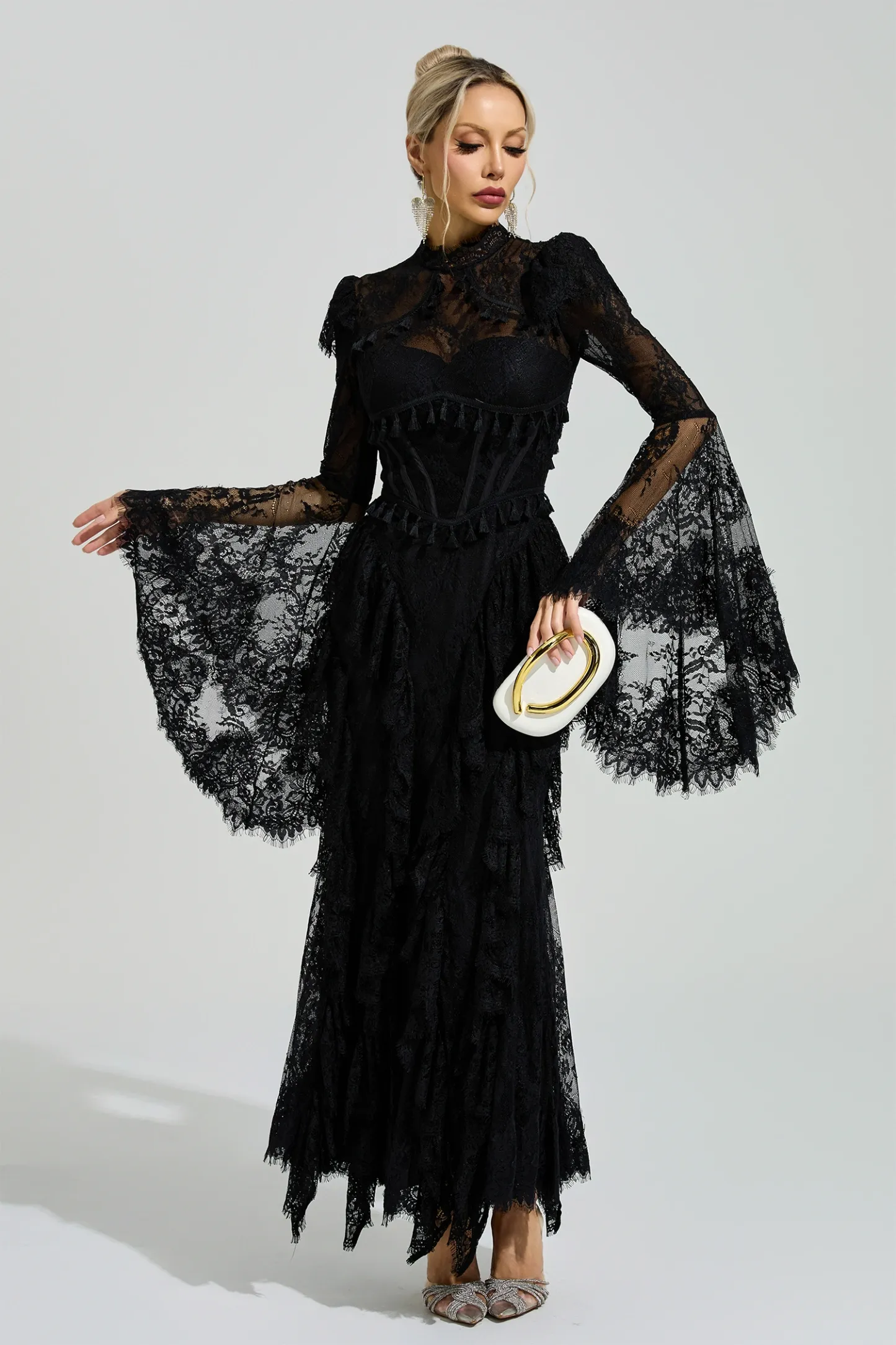 Gadamer Black Floral Lace Maxi Dress