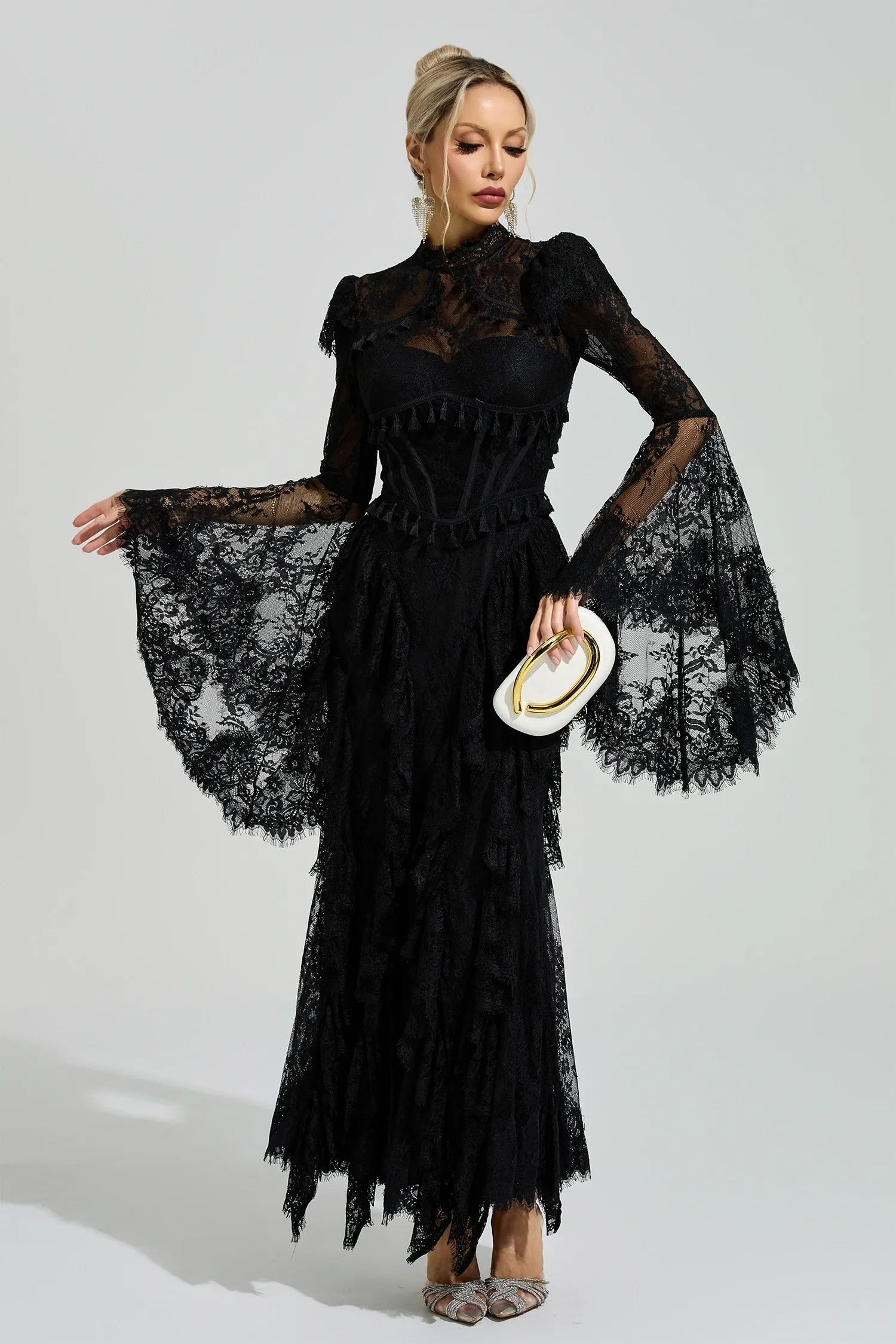 Gadamer Black Floral Lace Maxi Dress