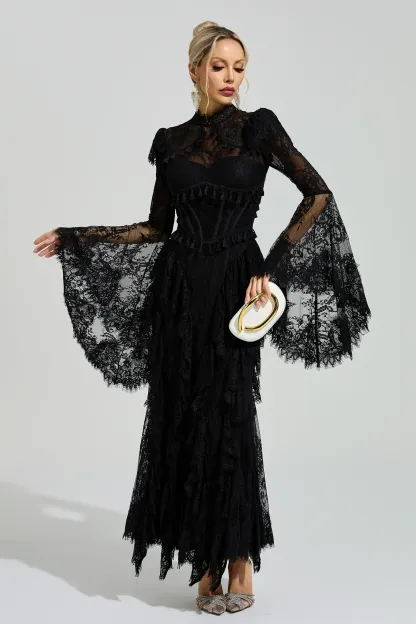 Gadamer Black Floral Lace Maxi Dress
