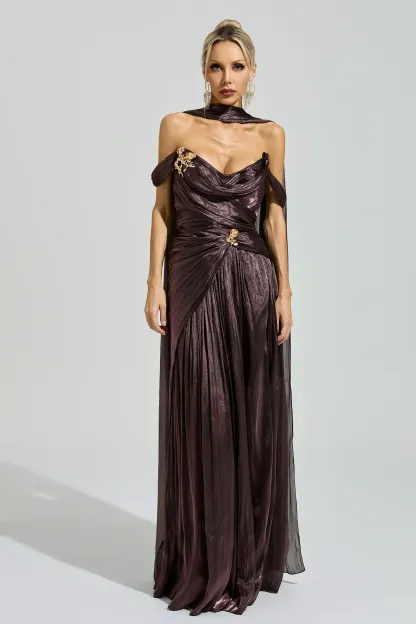 Noether Brown Satin Neck Maxi Dress