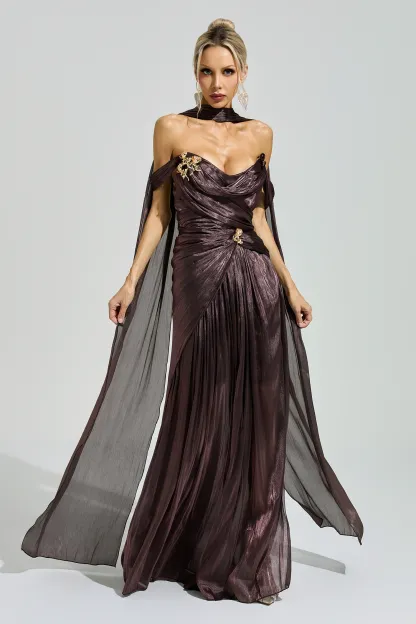 Noether Brown Satin Neck Maxi Dress