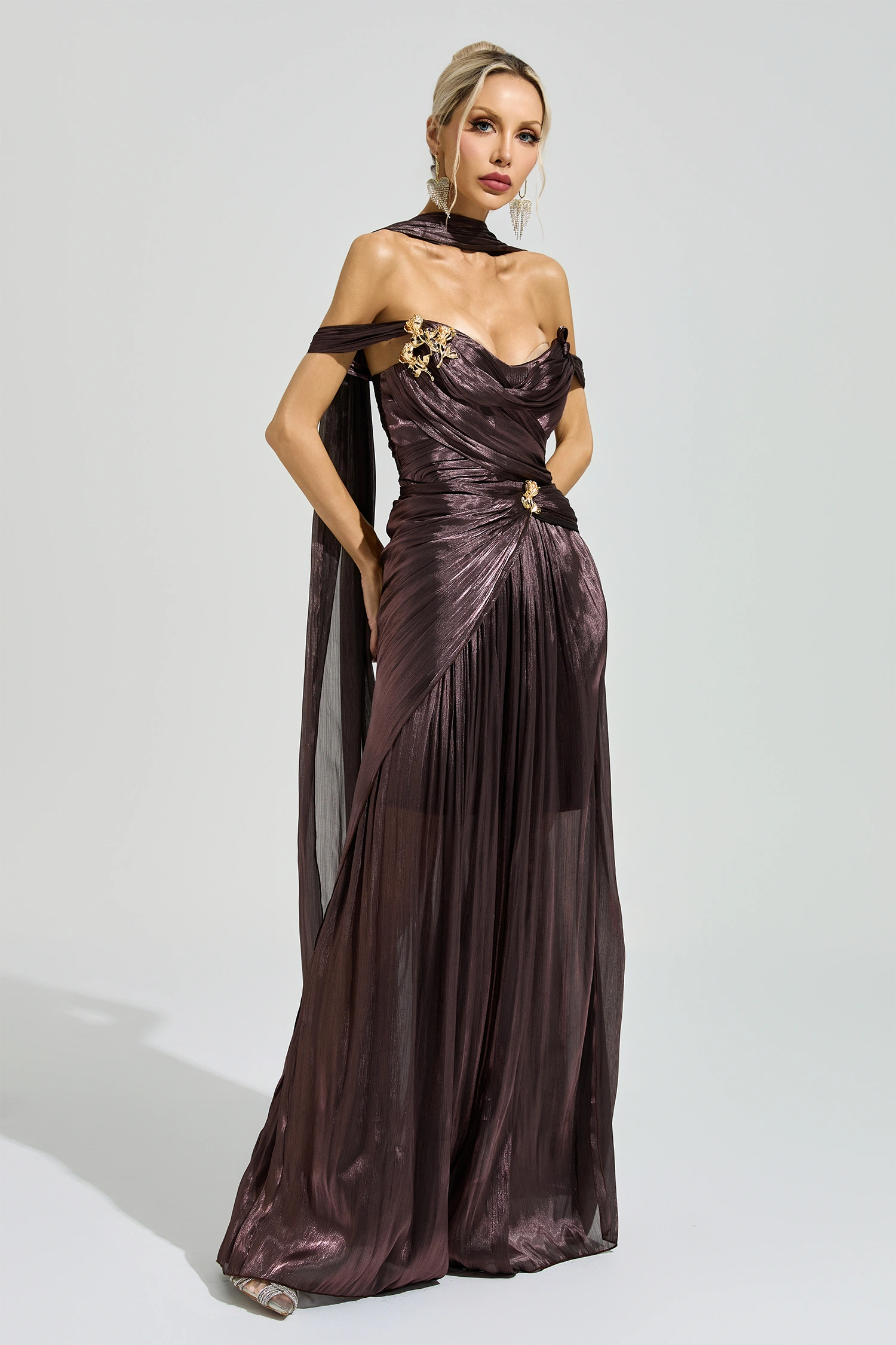 Noether Brown Satin Neck Maxi Dress
