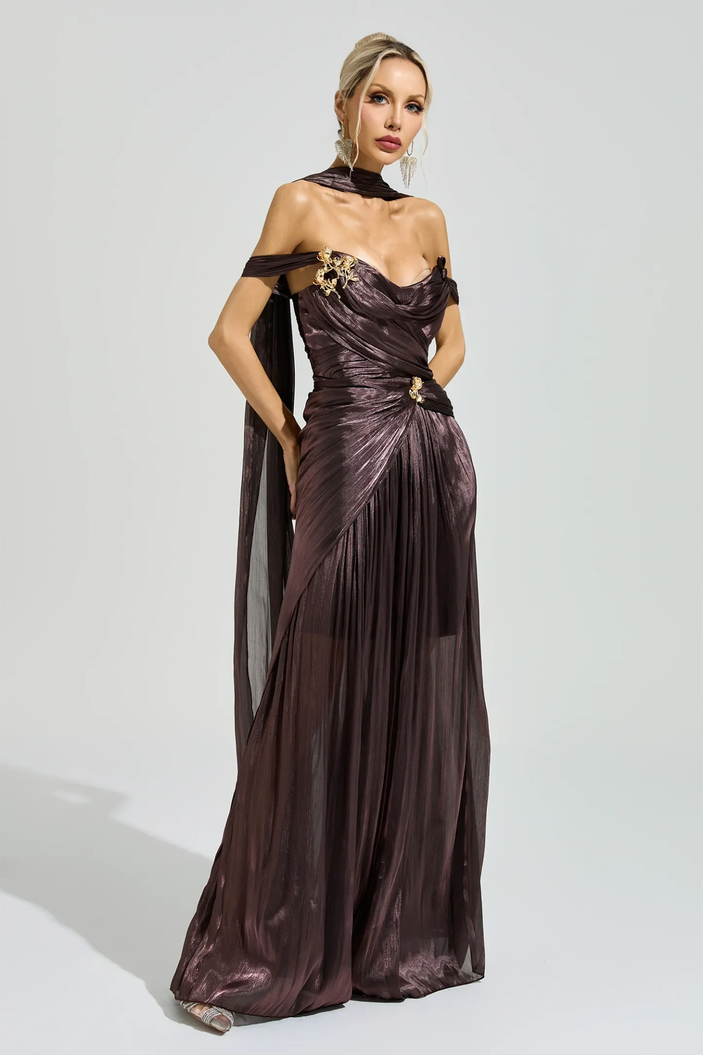 Noether Brown Satin Neck Maxi Dress