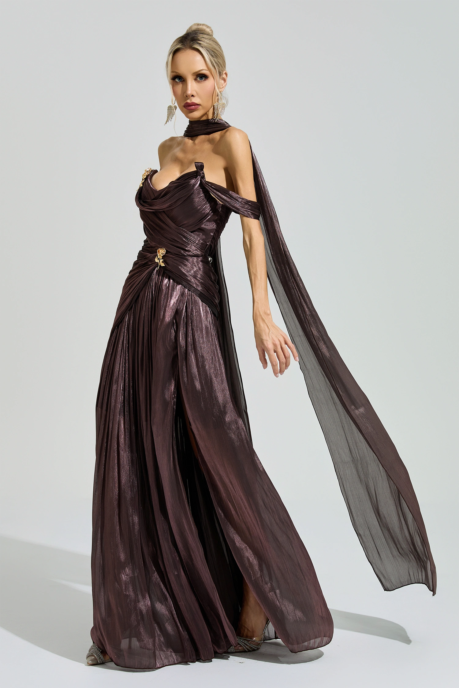 Noether Brown Satin Neck Maxi Dress