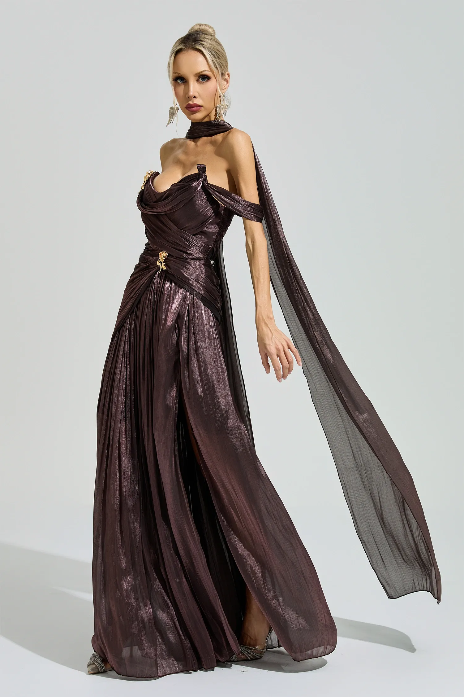 Noether Brown Satin Neck Maxi Dress