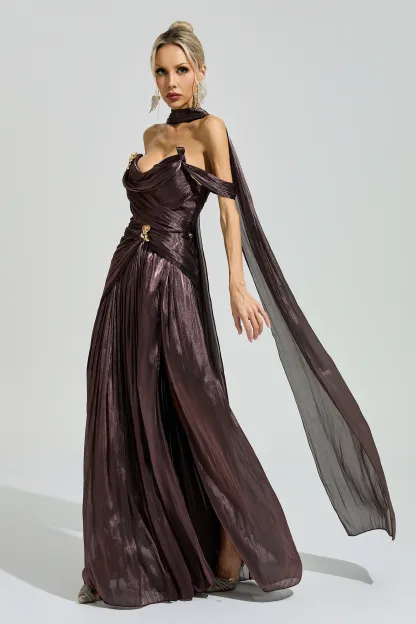 Noether Brown Satin Neck Maxi Dress
