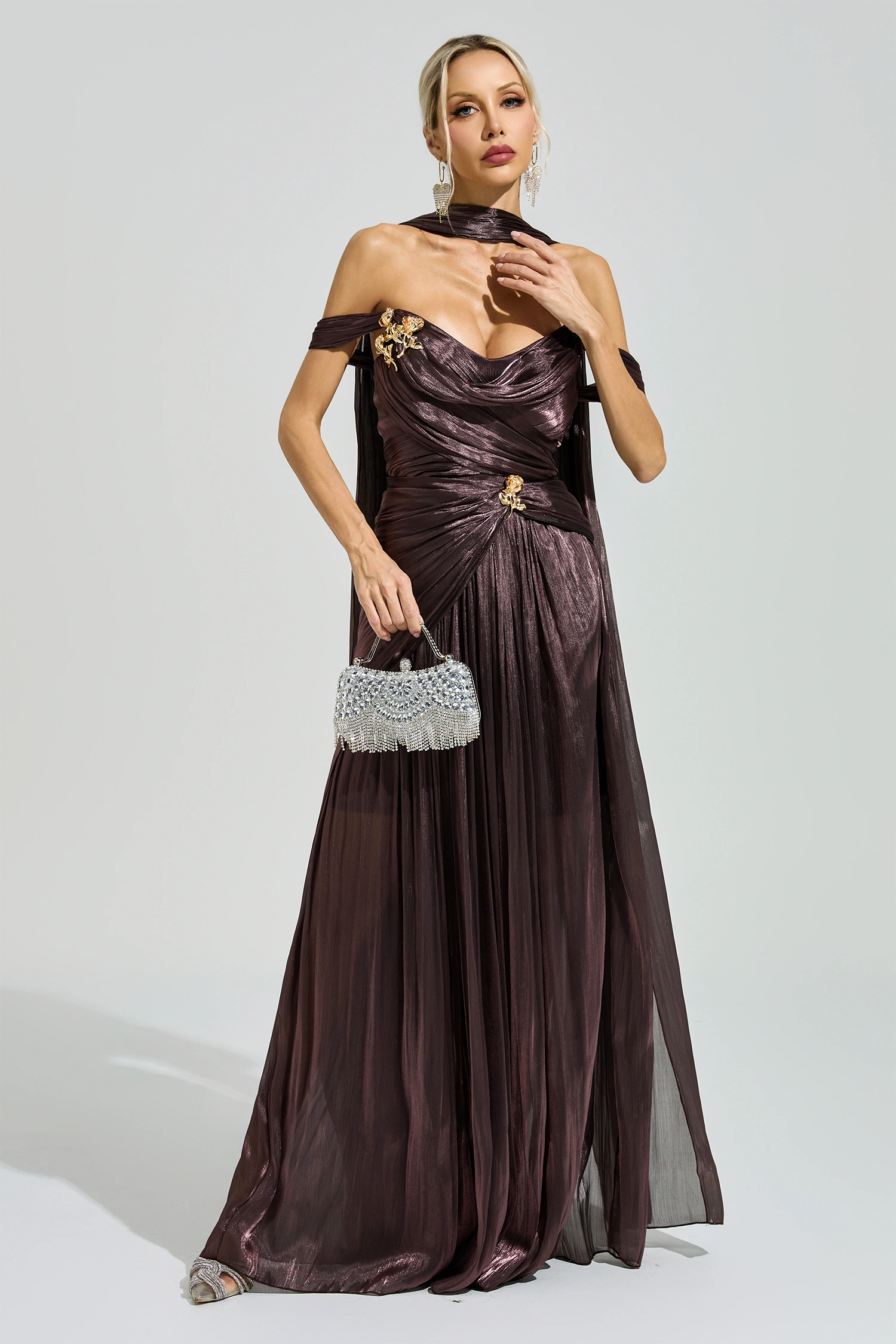 Noether Brown Satin Neck Maxi Dress
