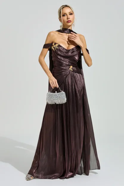 Noether Brown Satin Neck Maxi Dress