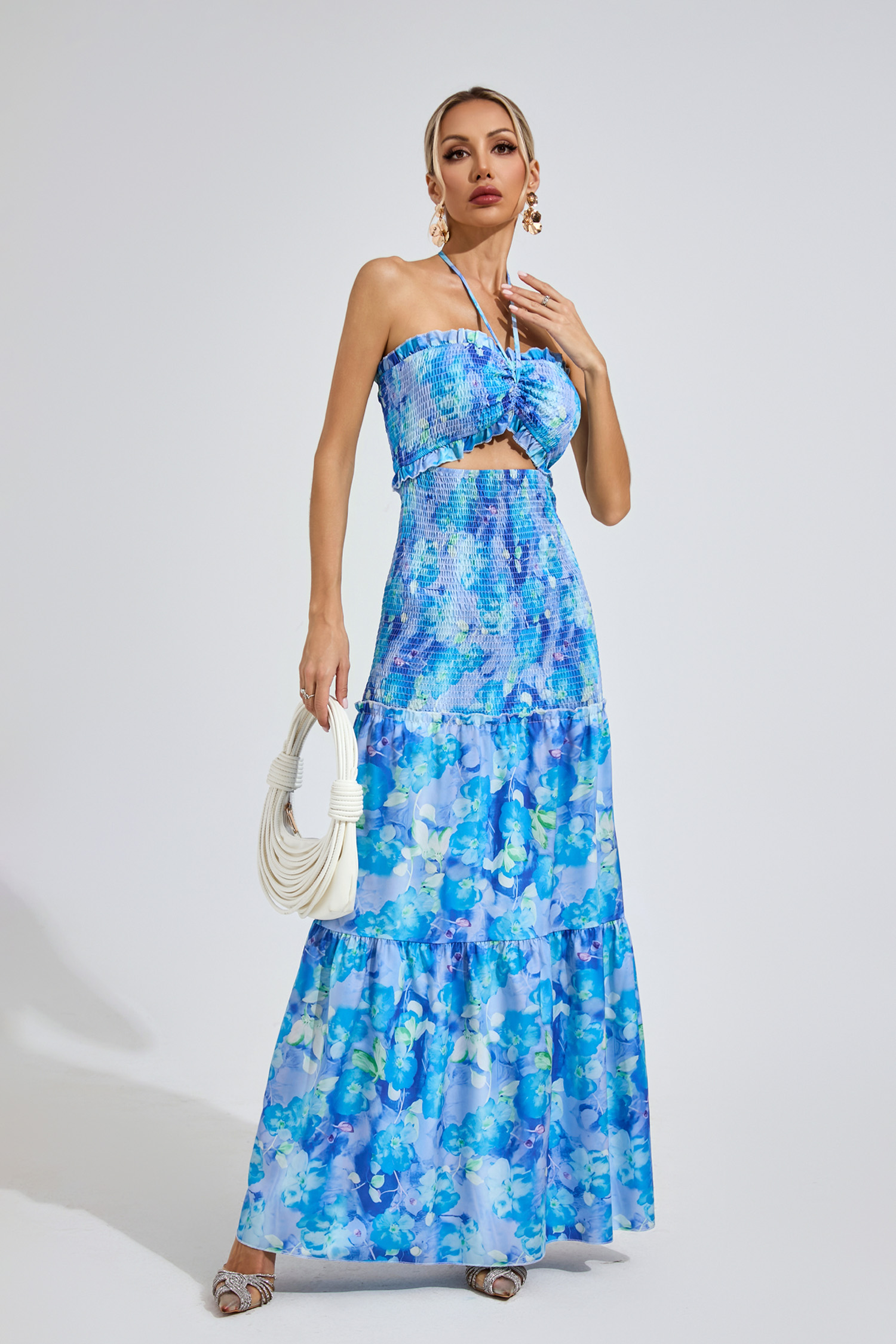 Nelson Sapphire Blue RUFFLE Halternecck Dress