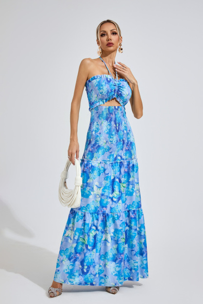 Nelson Sapphire Blue RUFFLE Halternecck Dress