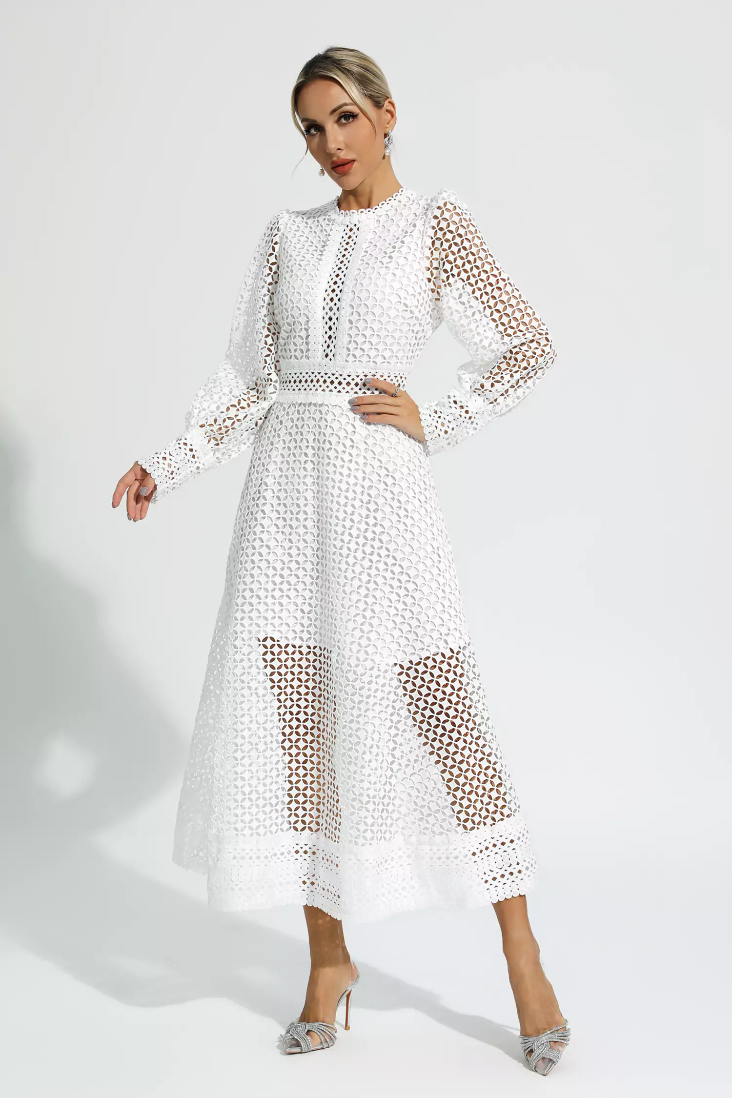 Conan White Hollow Long Sleeve Maxi Dress