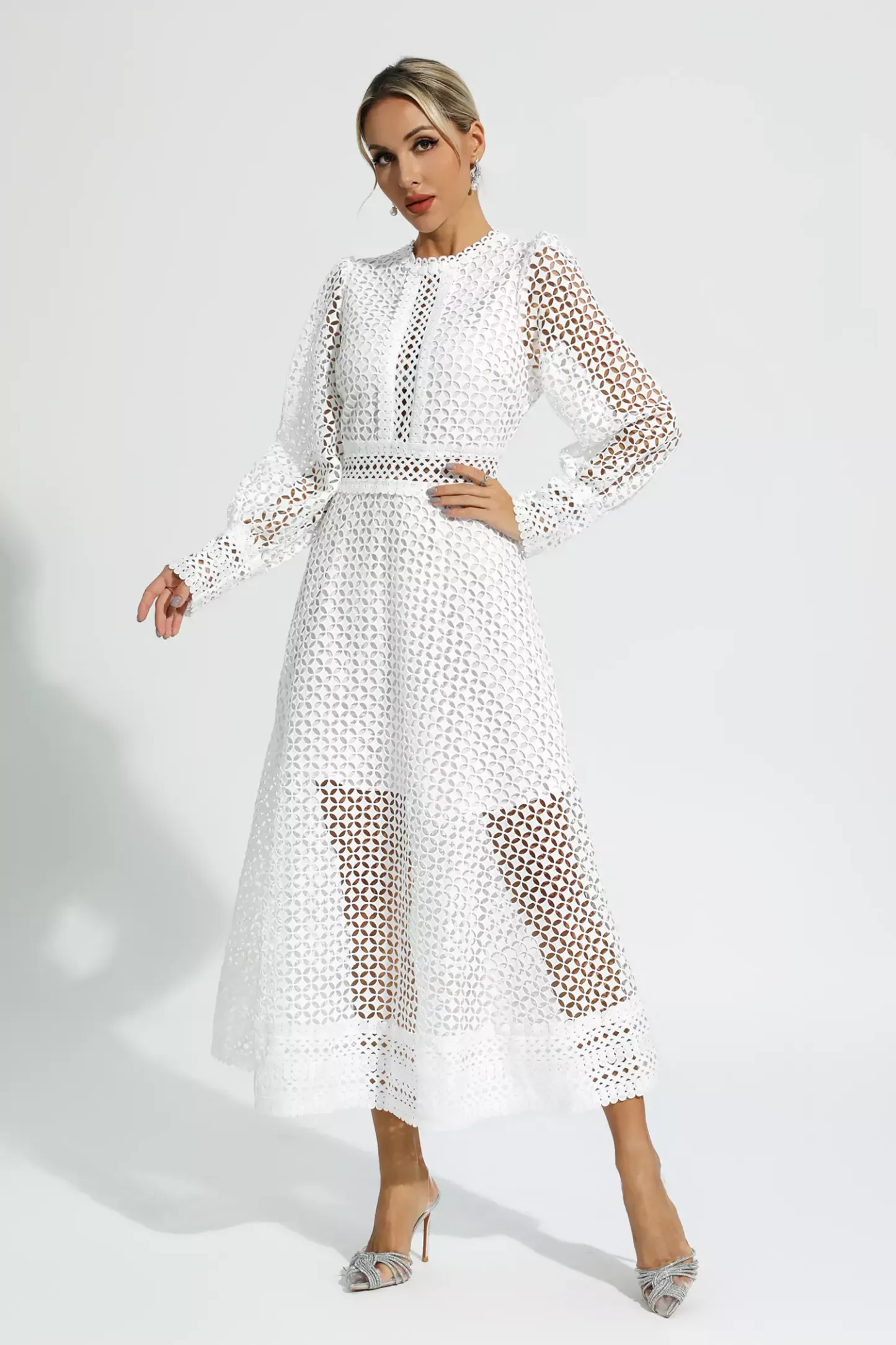 Conan White Hollow Long Sleeve Maxi Dress