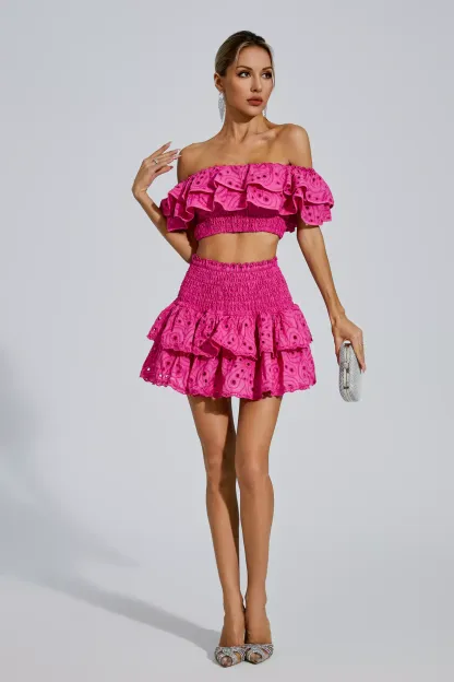 Janet Pink Floral Ruffle Off-Shoulder Set