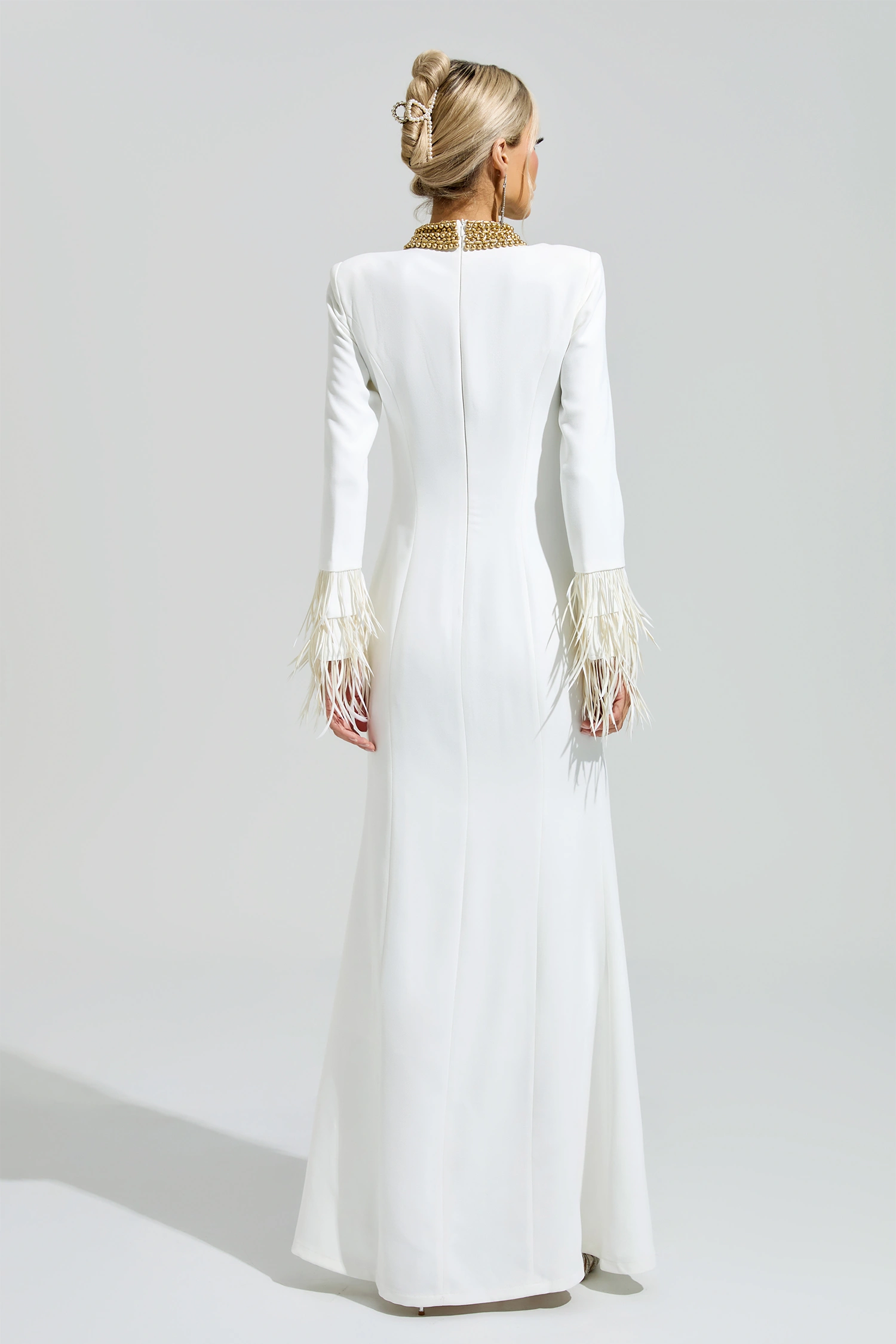 Alberti White Collar Feather Maxi Dress
