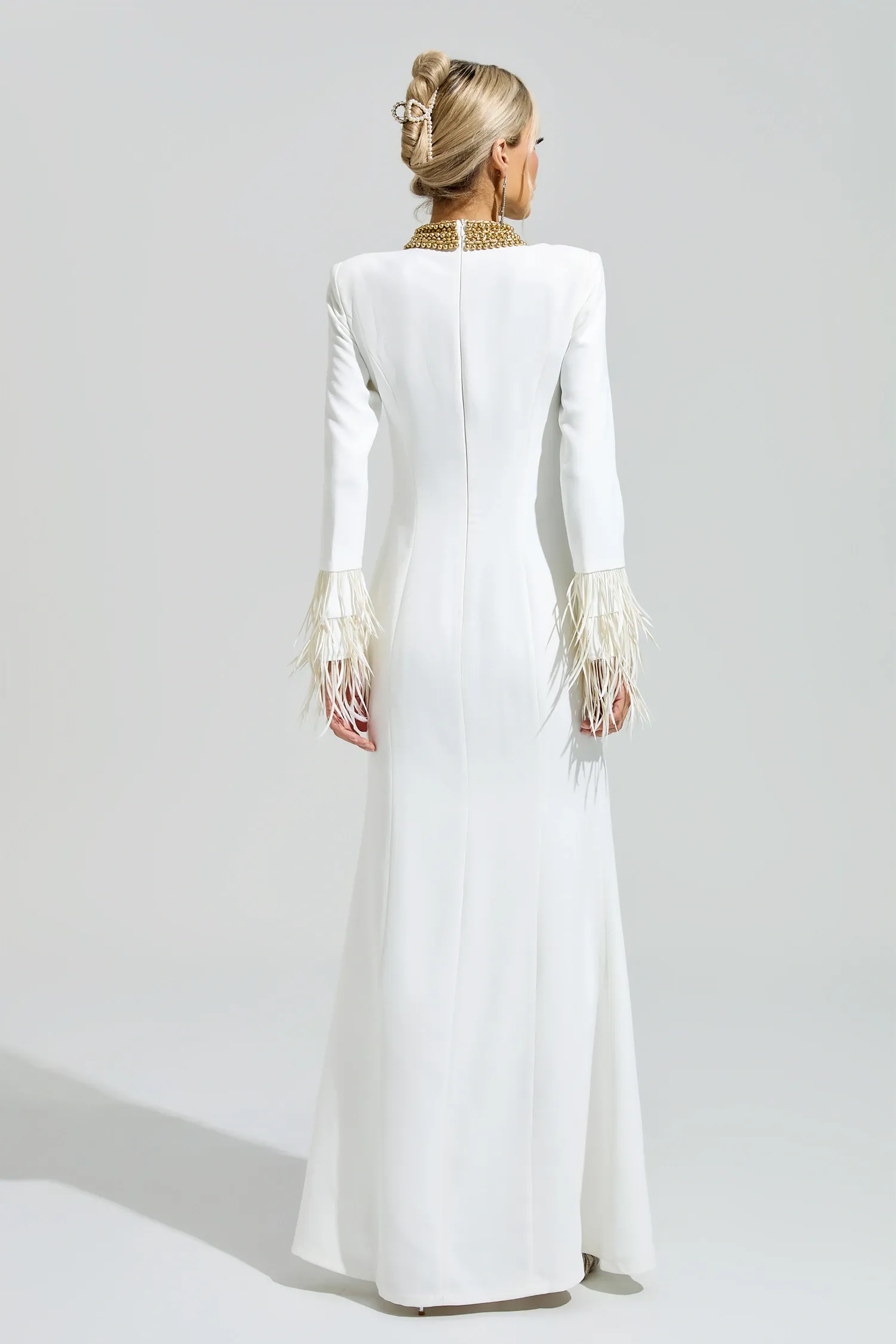 Alberti White Collar Feather Maxi Dress