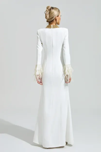 Alberti White Collar Feather Maxi Dress