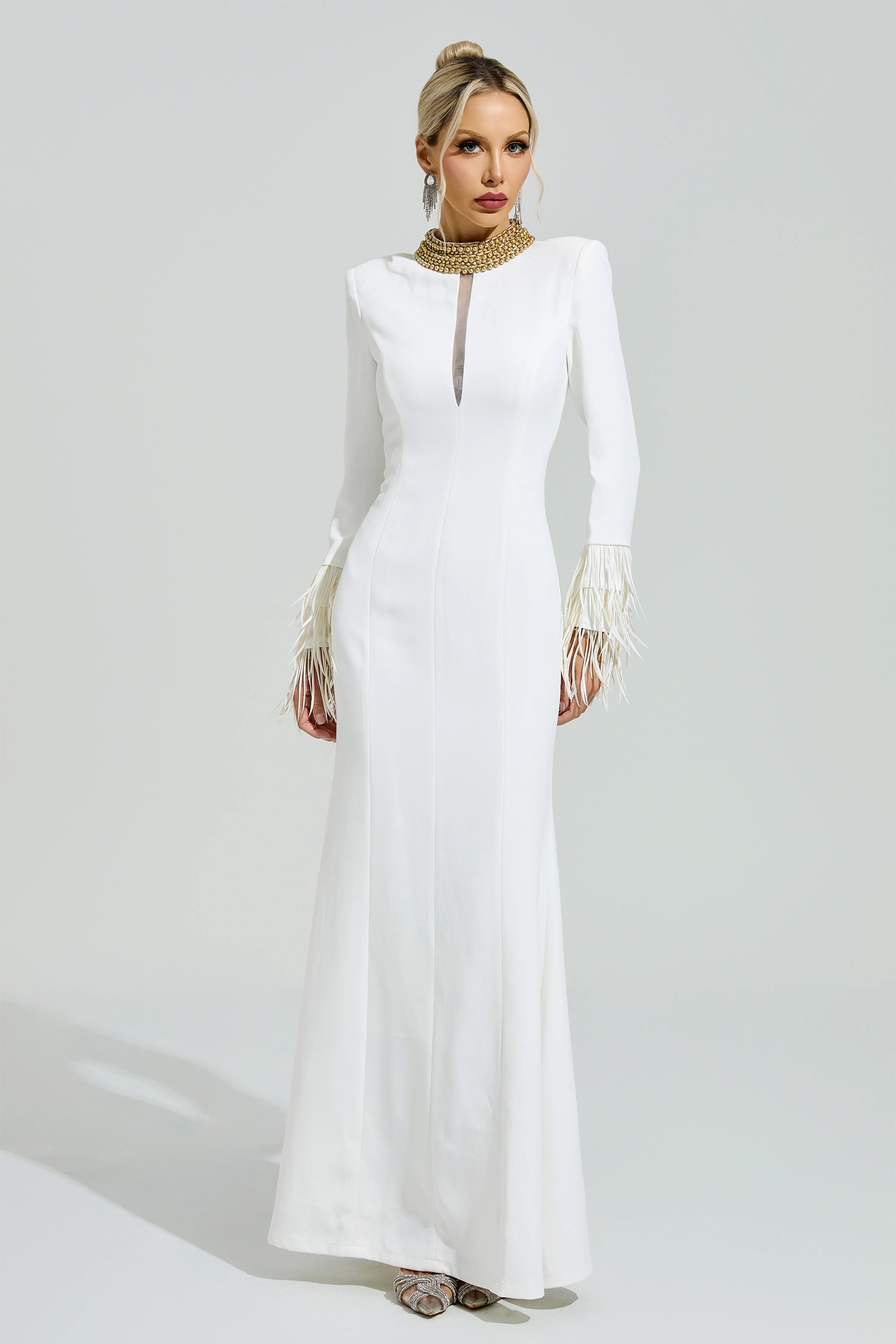 Alberti White Collar Feather Maxi Dress