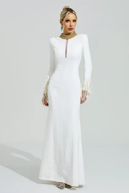 Alberti White Collar Feather Maxi Dress