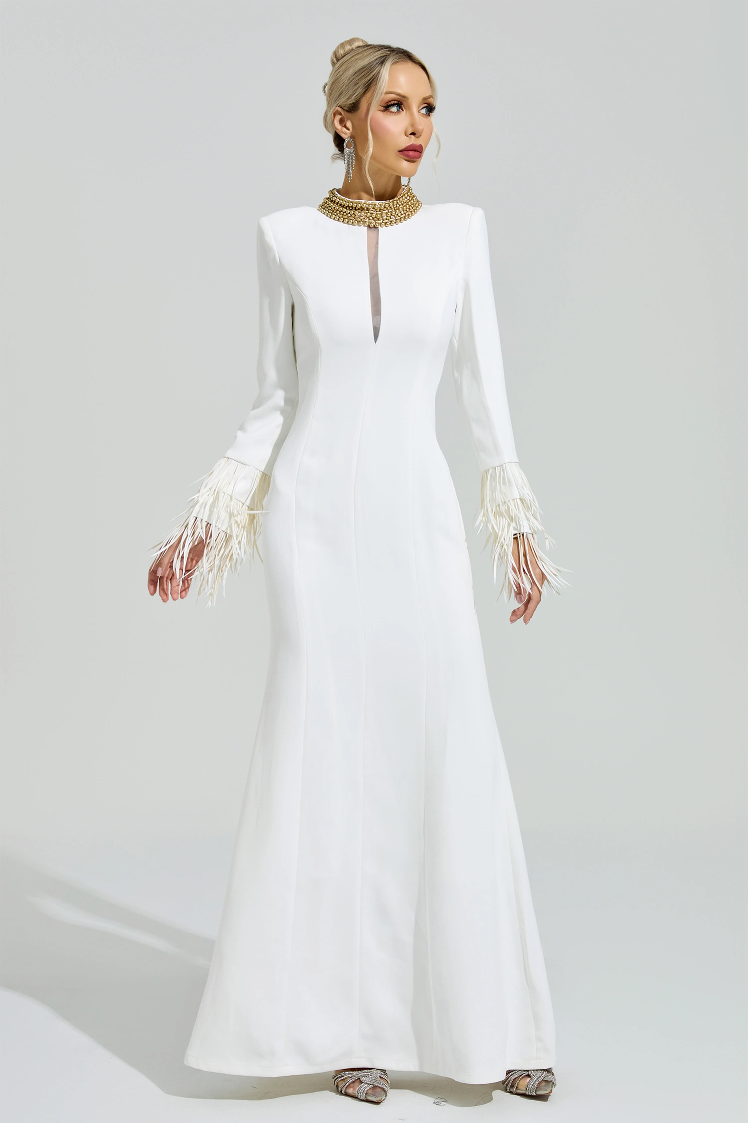 Alberti White Collar Feather Maxi Dress