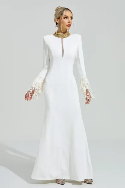 Alberti White Collar Feather Maxi Dress