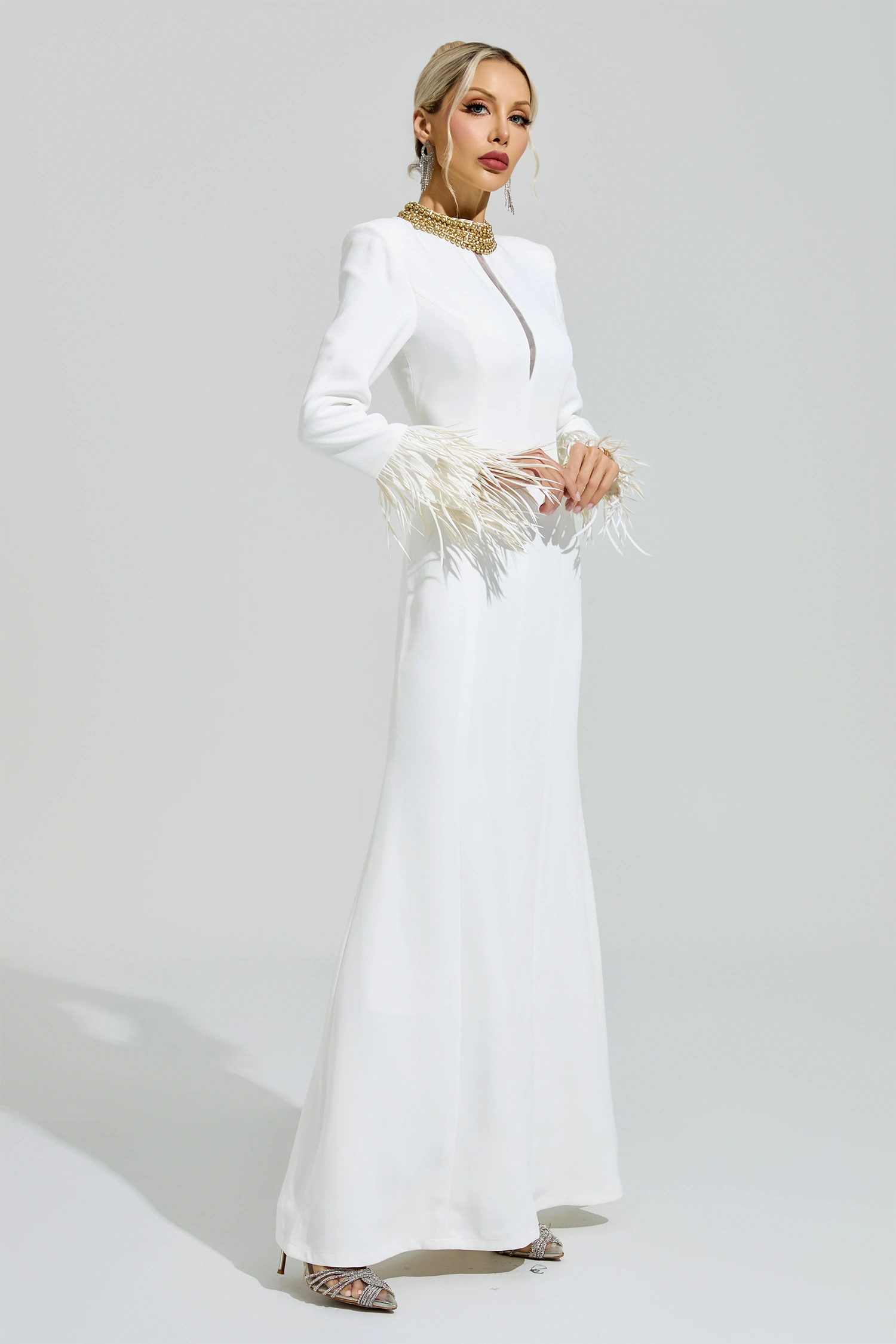 Alberti White Collar Feather Maxi Dress