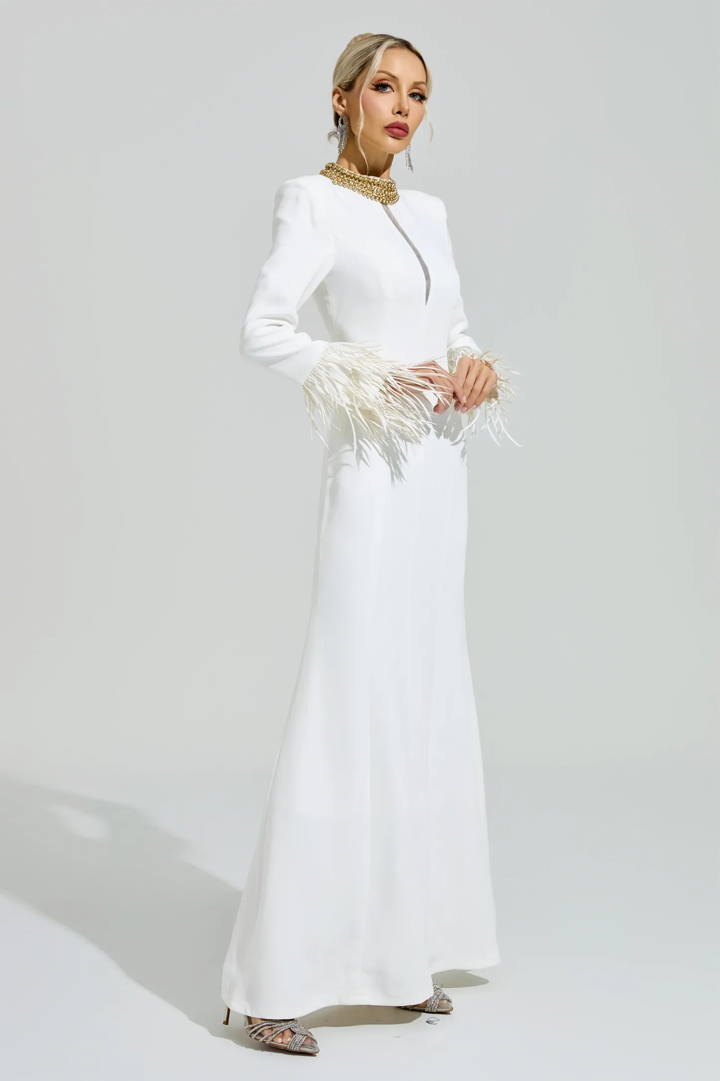 Alberti White Collar Feather Maxi Dress