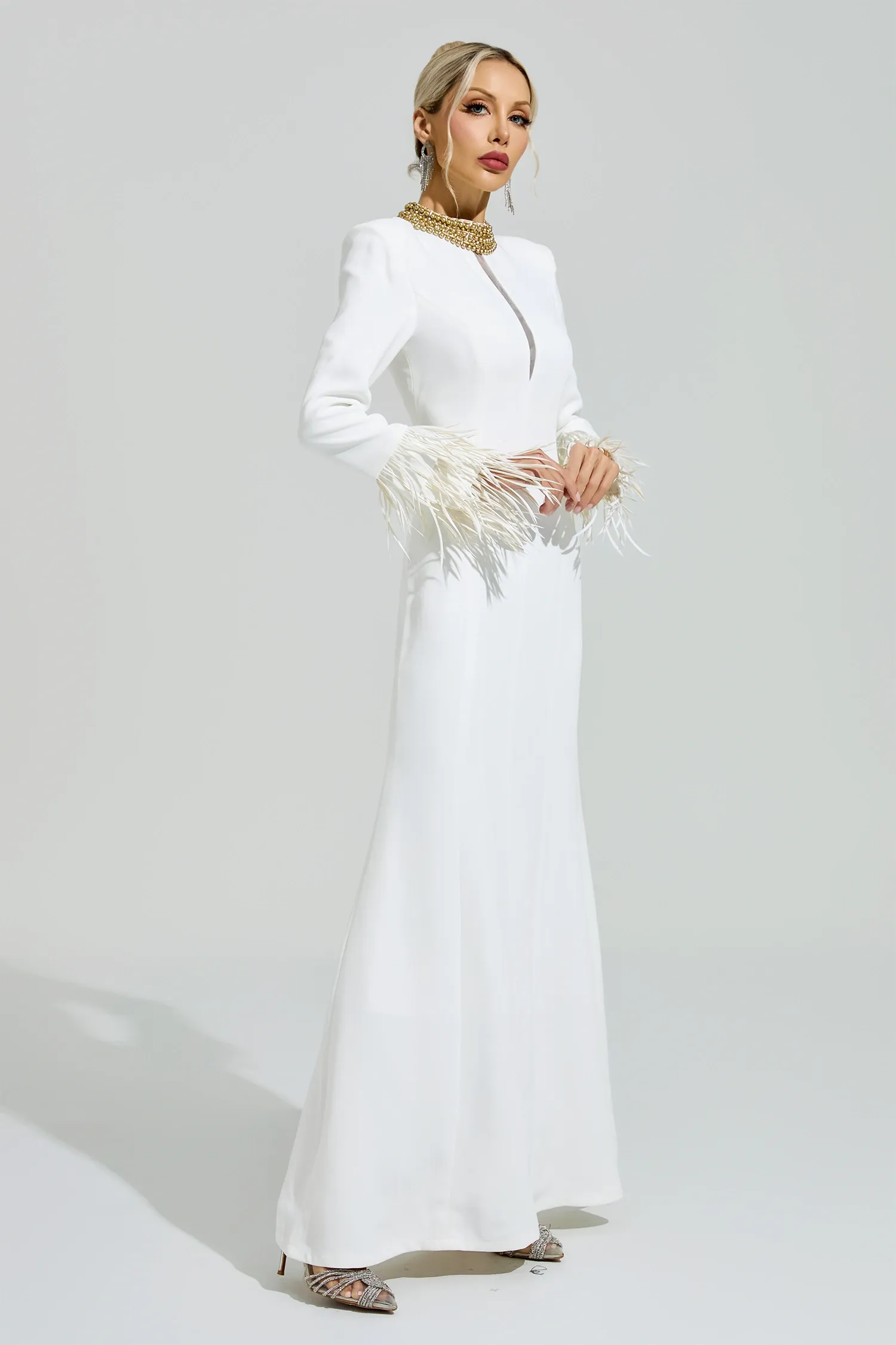 Alberti White Collar Feather Maxi Dress