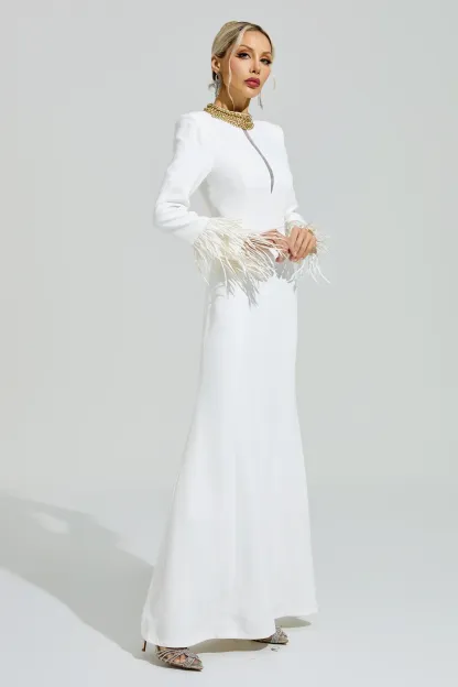 Alberti White Collar Feather Maxi Dress