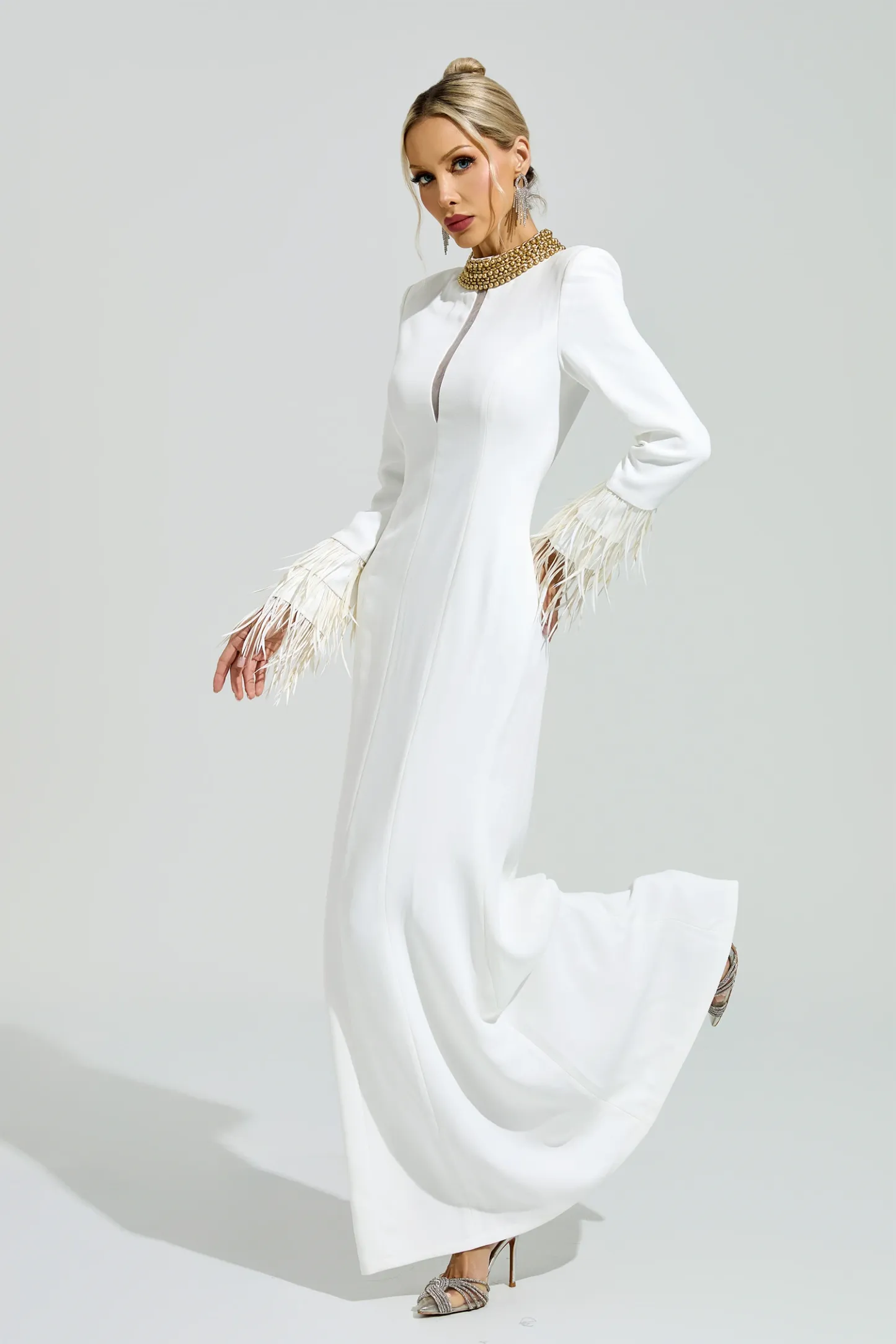 Alberti White Collar Feather Maxi Dress