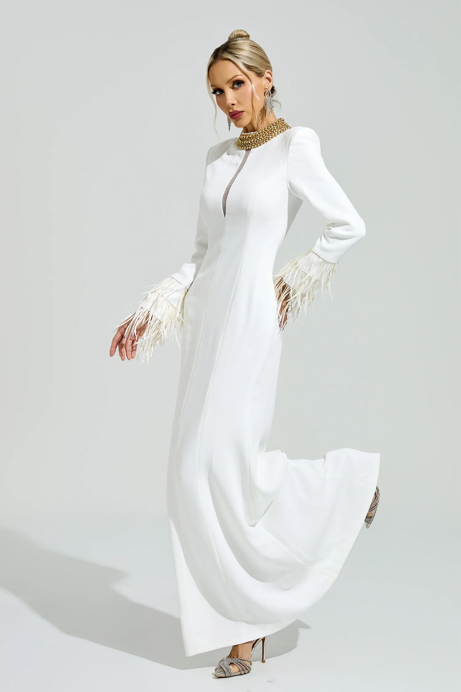 Alberti White Collar Feather Maxi Dress