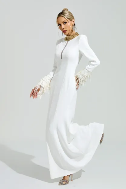 Alberti White Collar Feather Maxi Dress