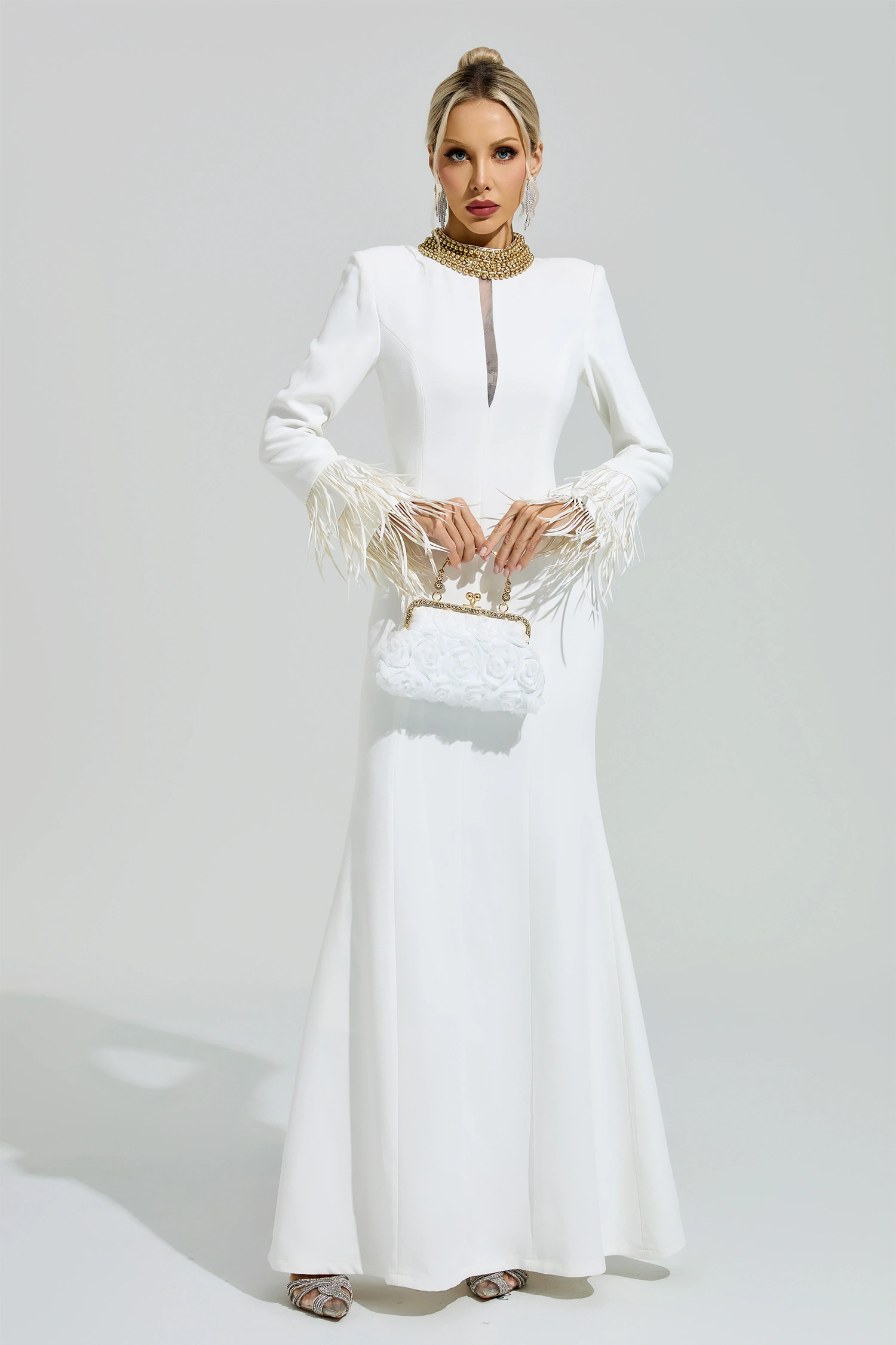 Alberti White Collar Feather Maxi Dress
