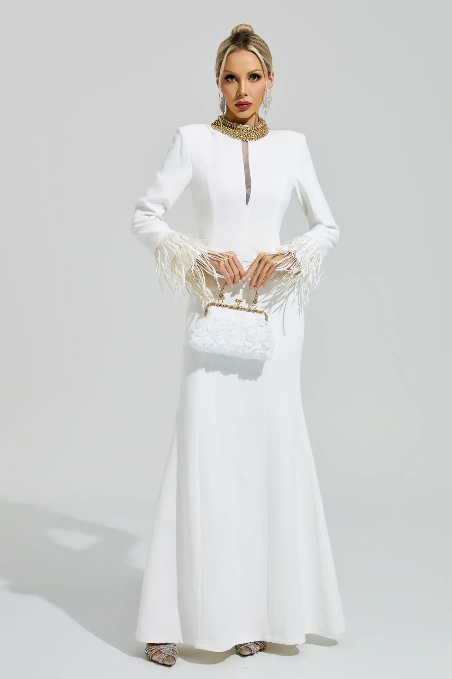 Alberti White Collar Feather Maxi Dress