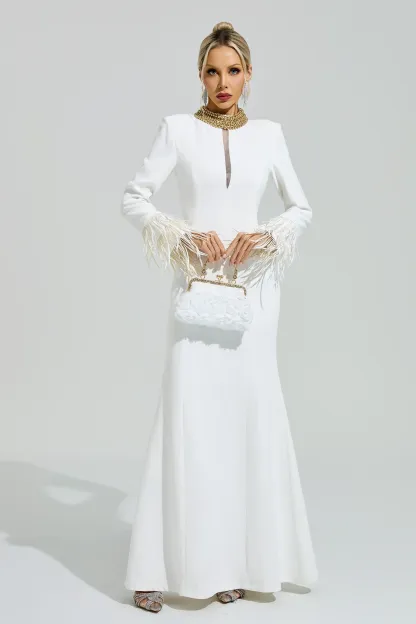 Alberti White Collar Feather Maxi Dress
