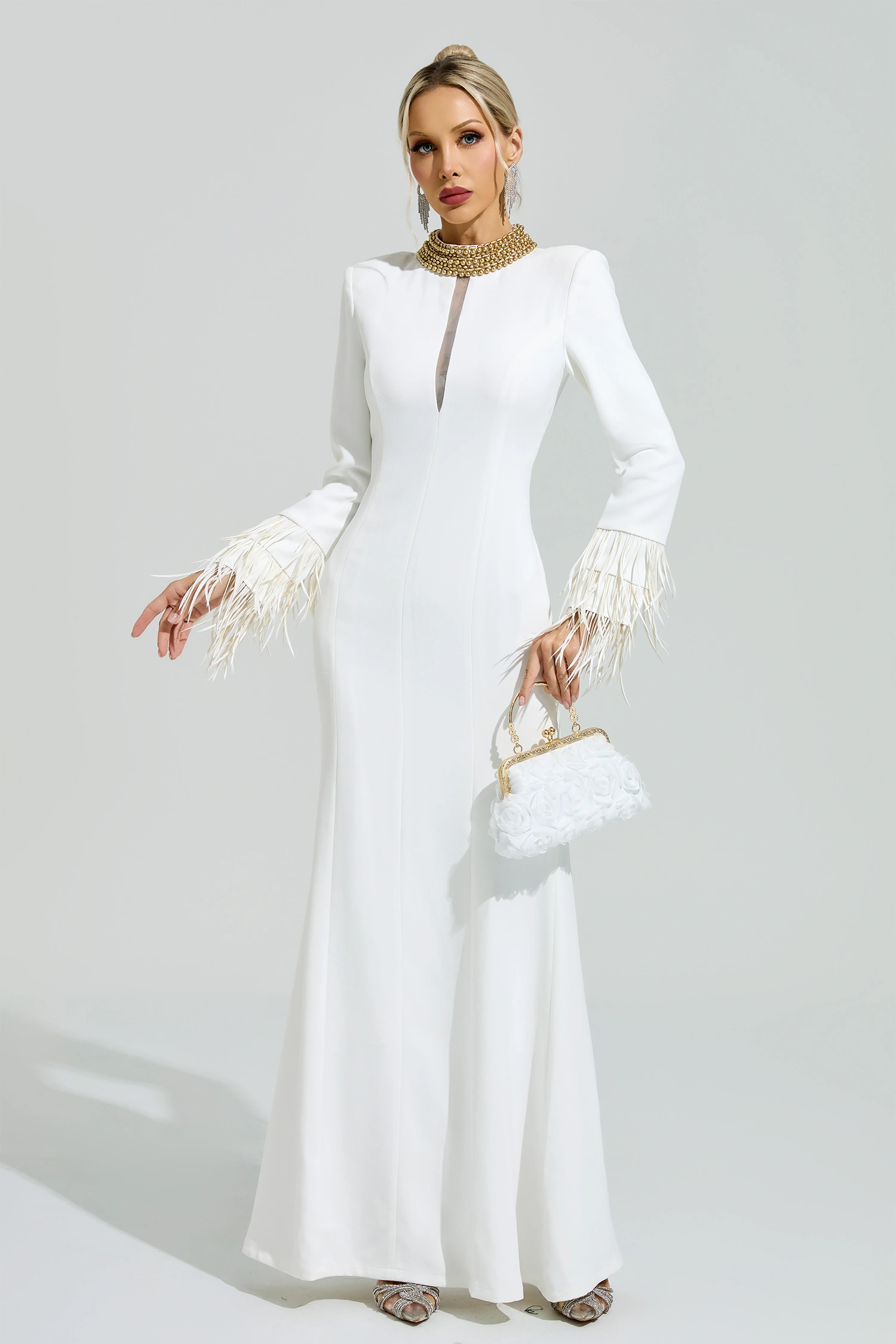 Alberti White Collar Feather Maxi Dress