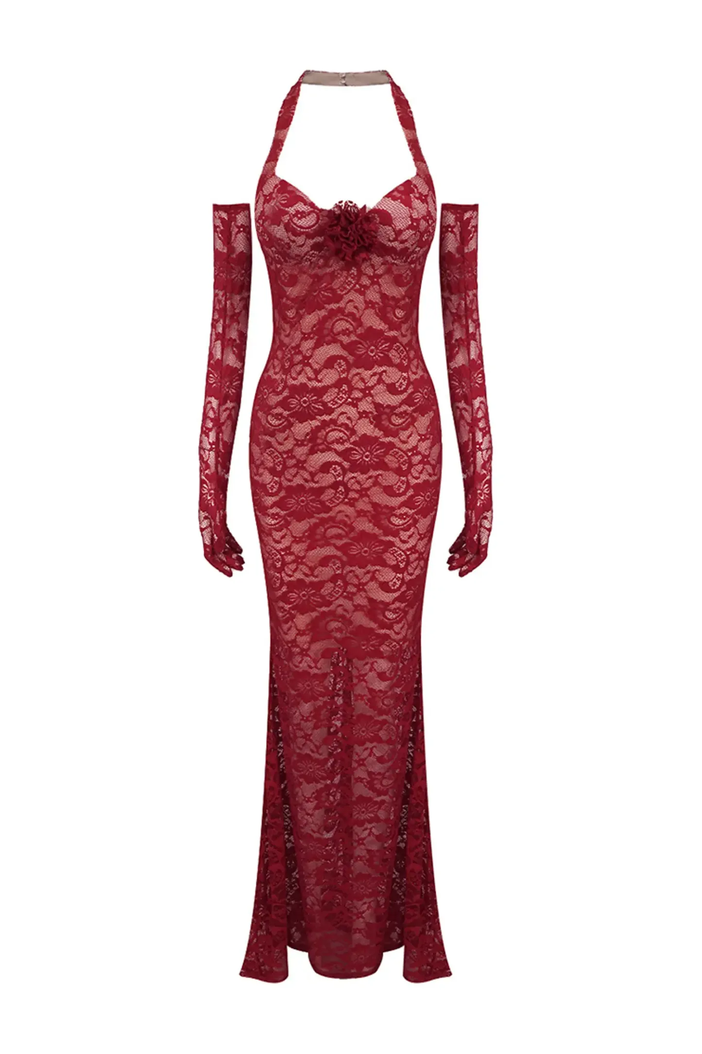 Aaron Red Rose Lace Halter Maxi Dress