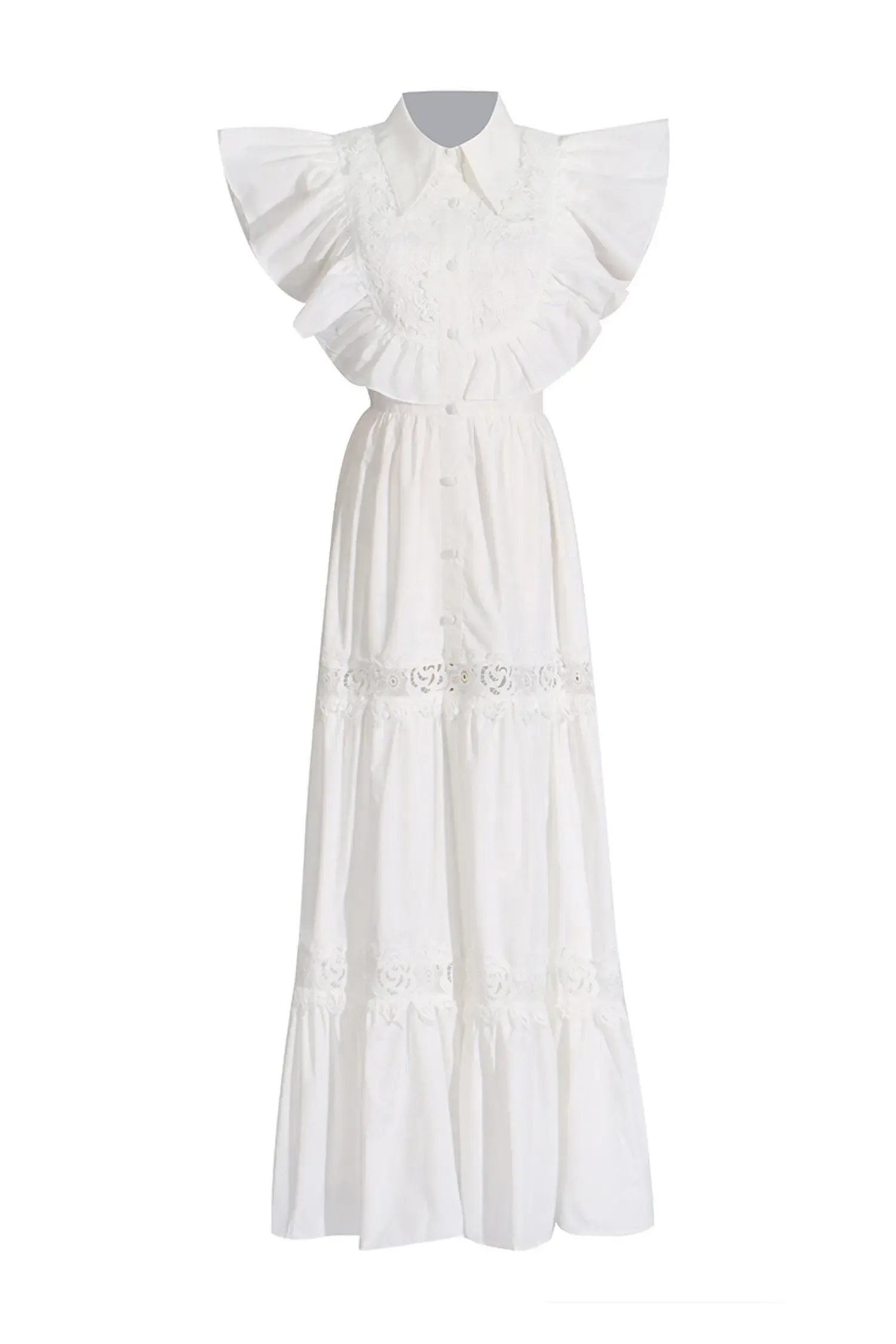 Sharon White Sleeveless Ruffle Midi Dress