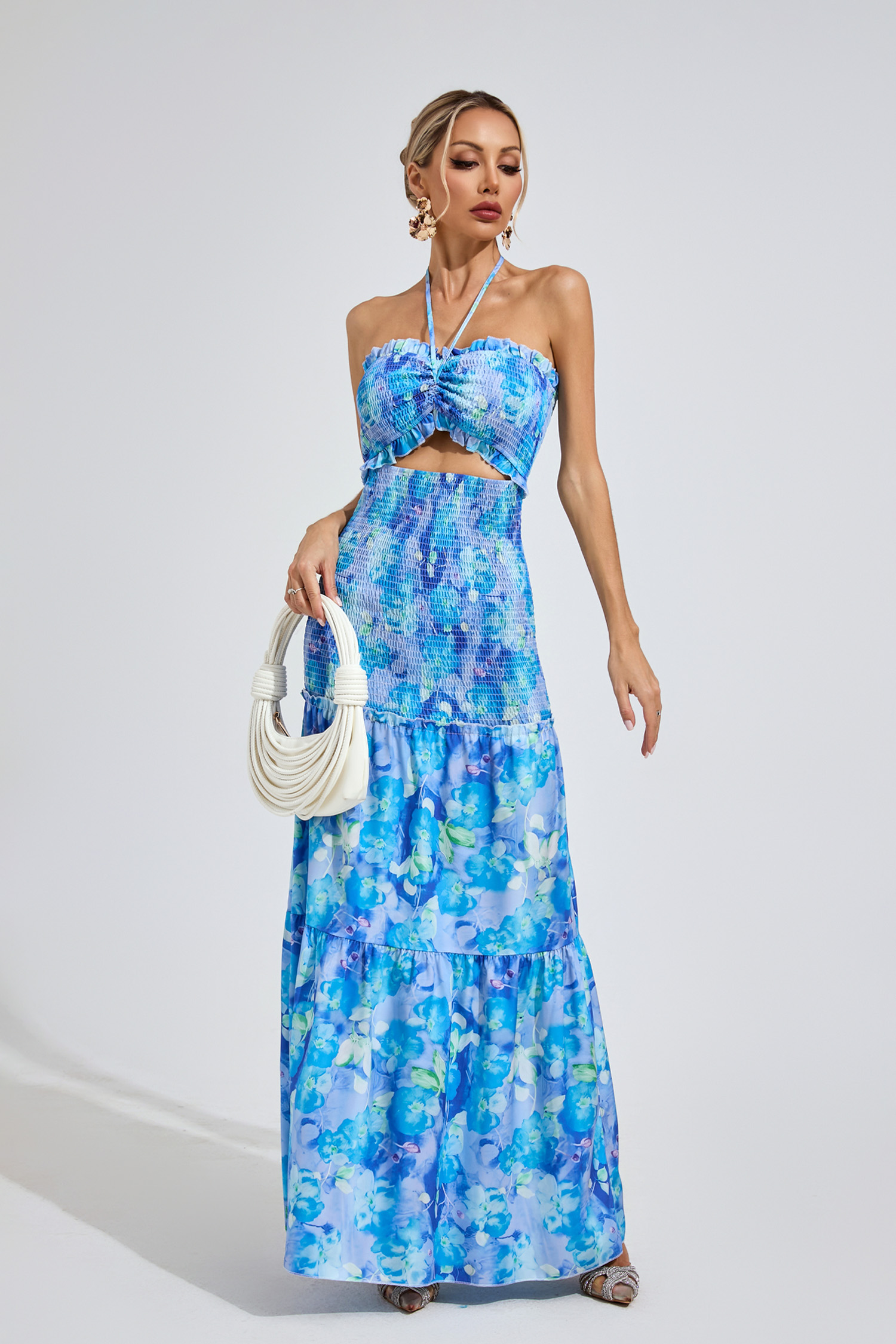 Nelson Sapphire Blue RUFFLE Halternecck Dress