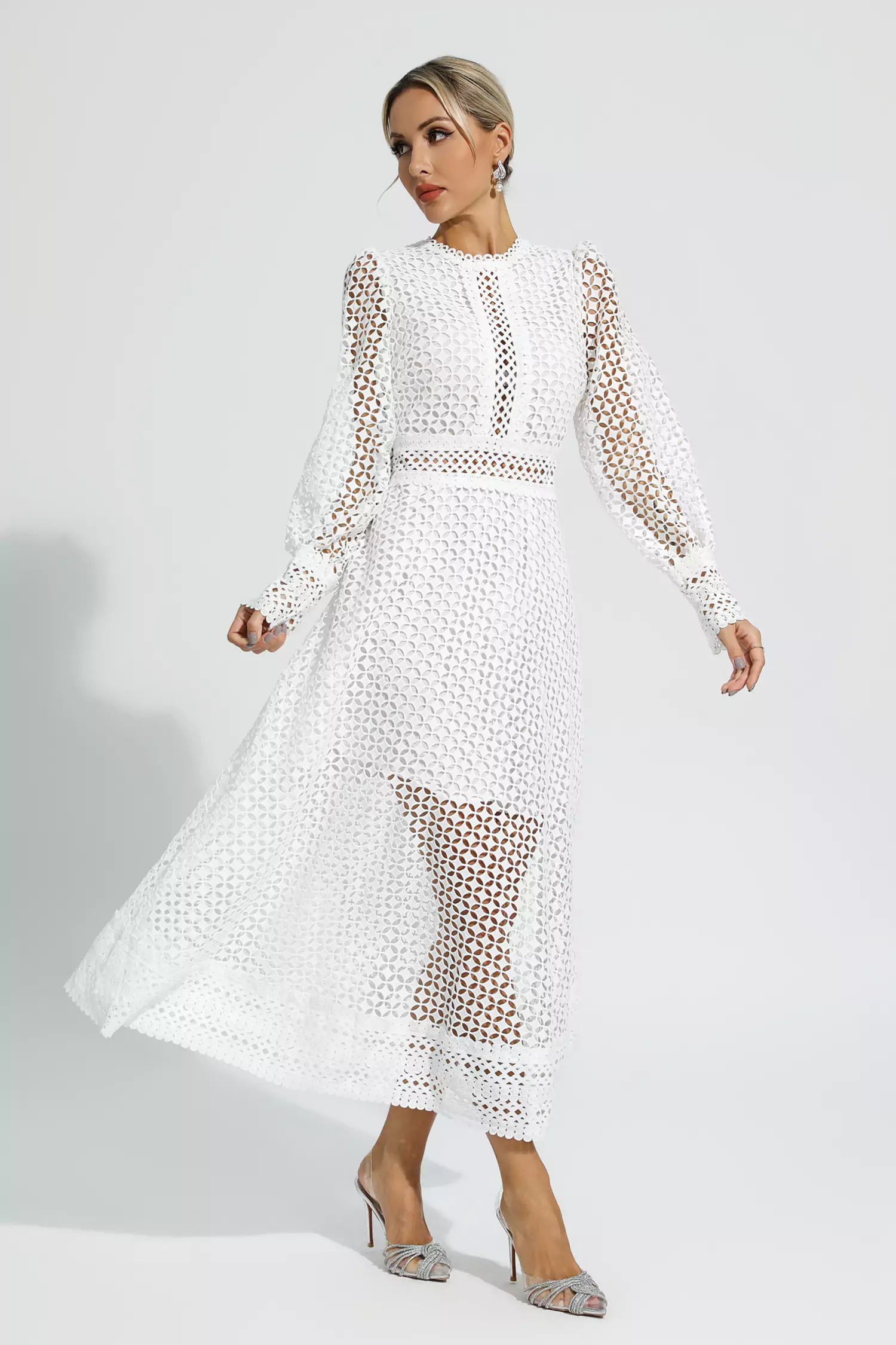Conan White Hollow Long Sleeve Maxi Dress
