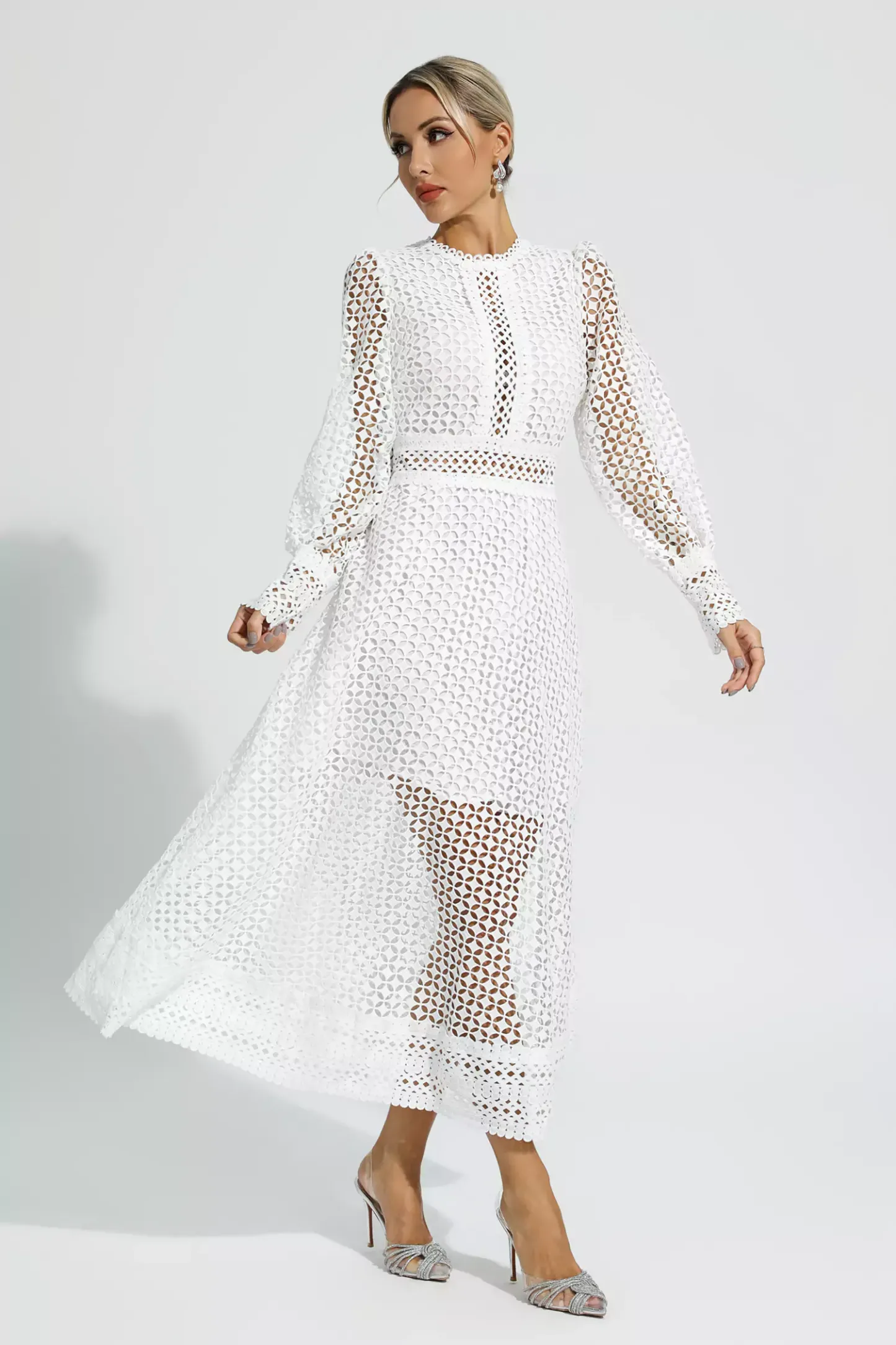 Conan White Hollow Long Sleeve Maxi Dress