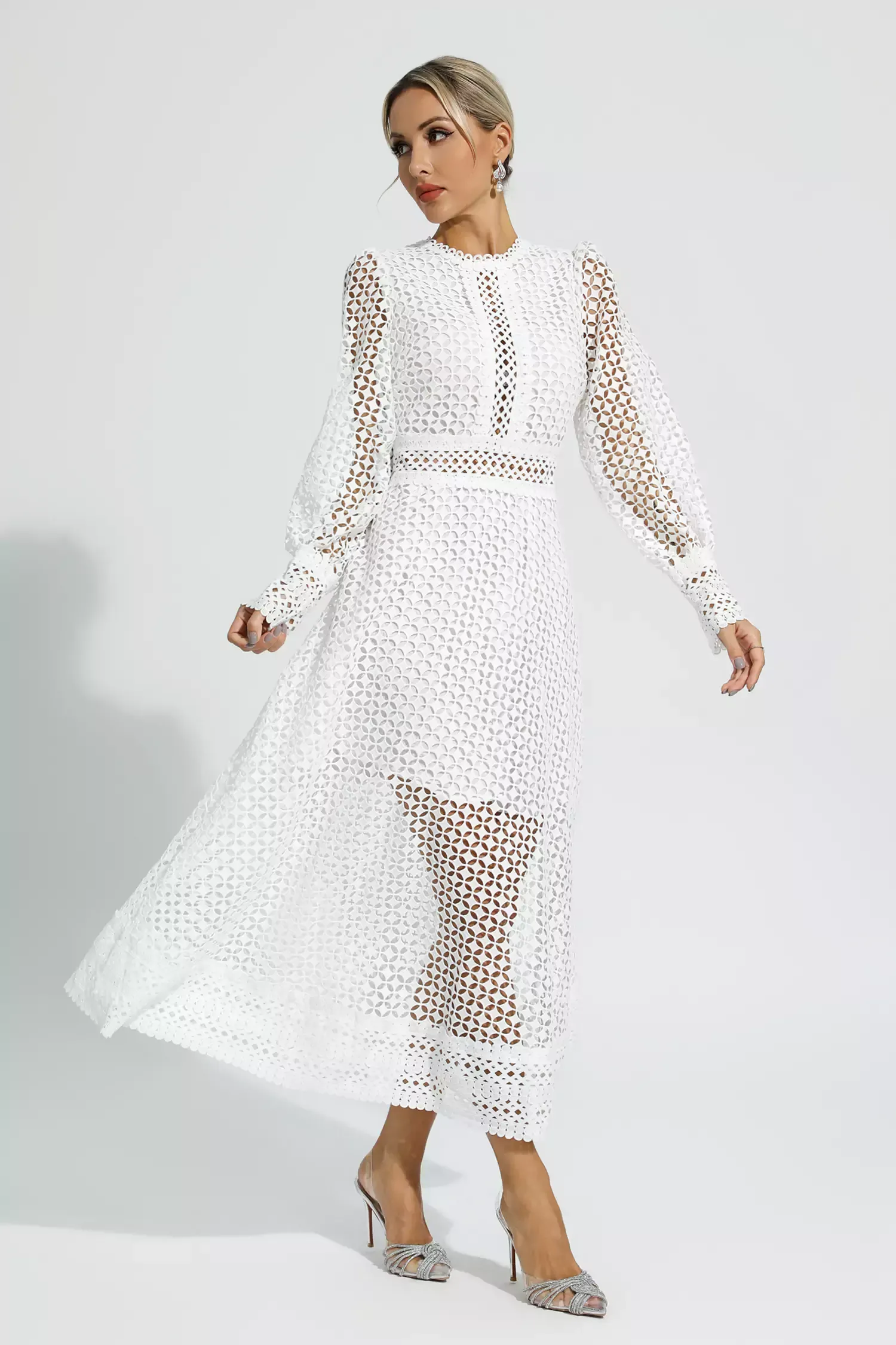 Conan White Hollow Long Sleeve Maxi Dress