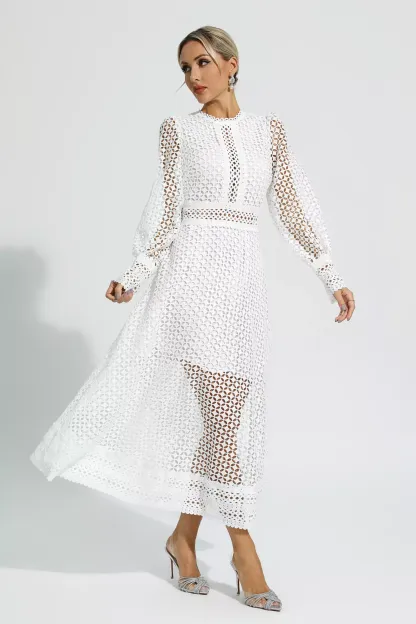 Conan White Hollow Long Sleeve Maxi Dress