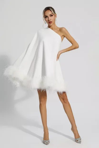 Crane White Feather Trim One Shoulder Mini Dress
