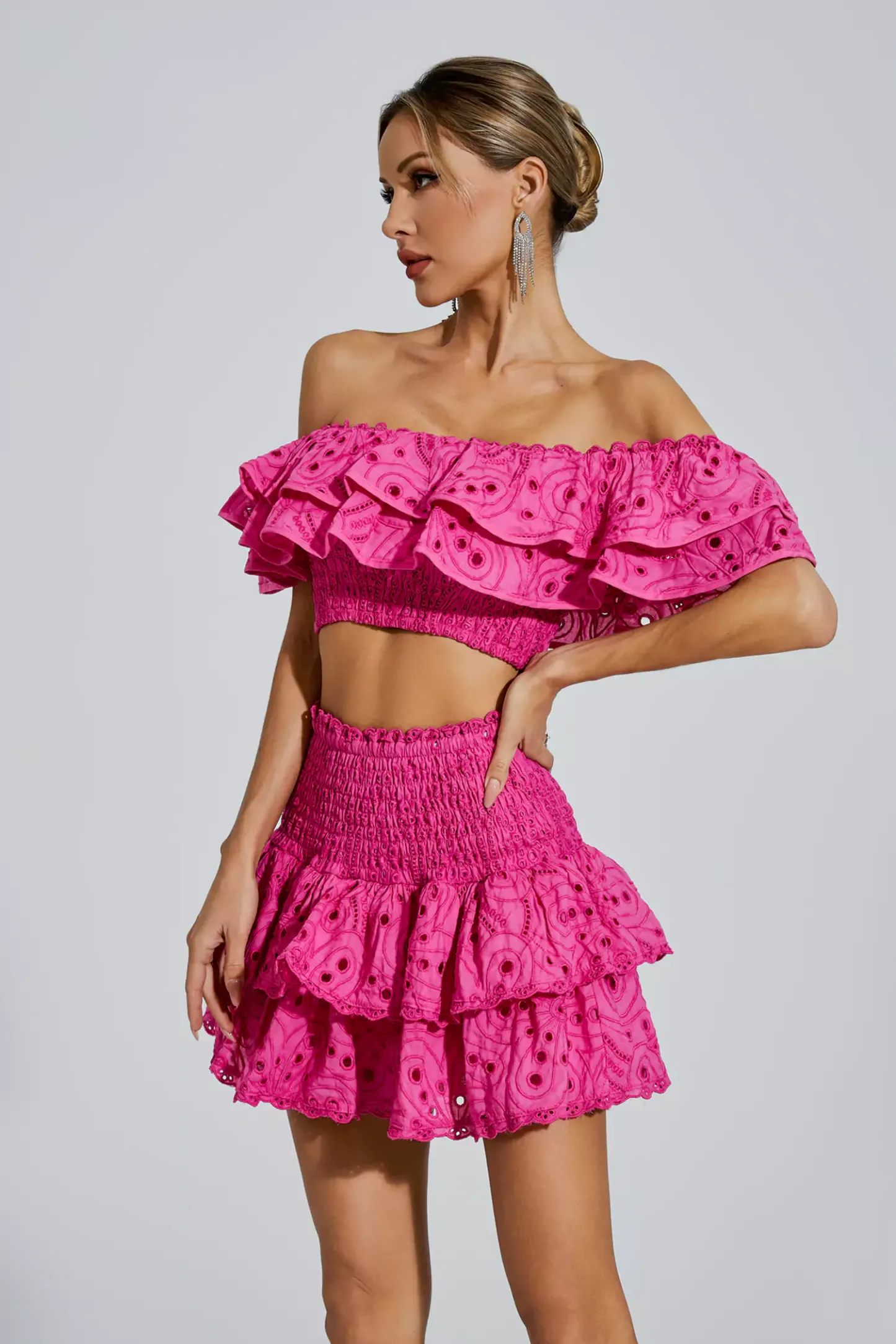 Janet Pink Floral Ruffle Off-Shoulder Set