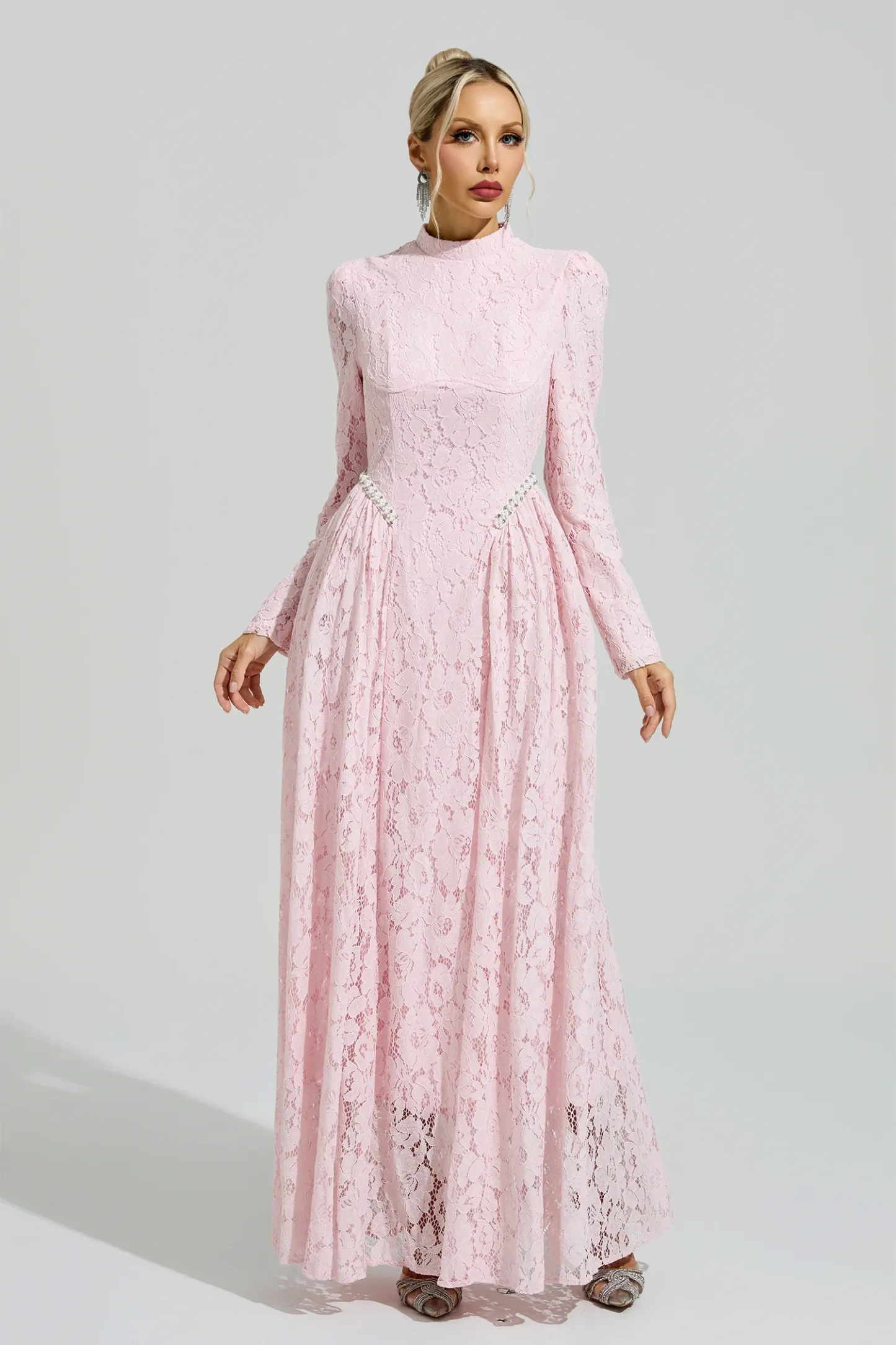 Russell Pink Lace Embroidered Maxi Dress