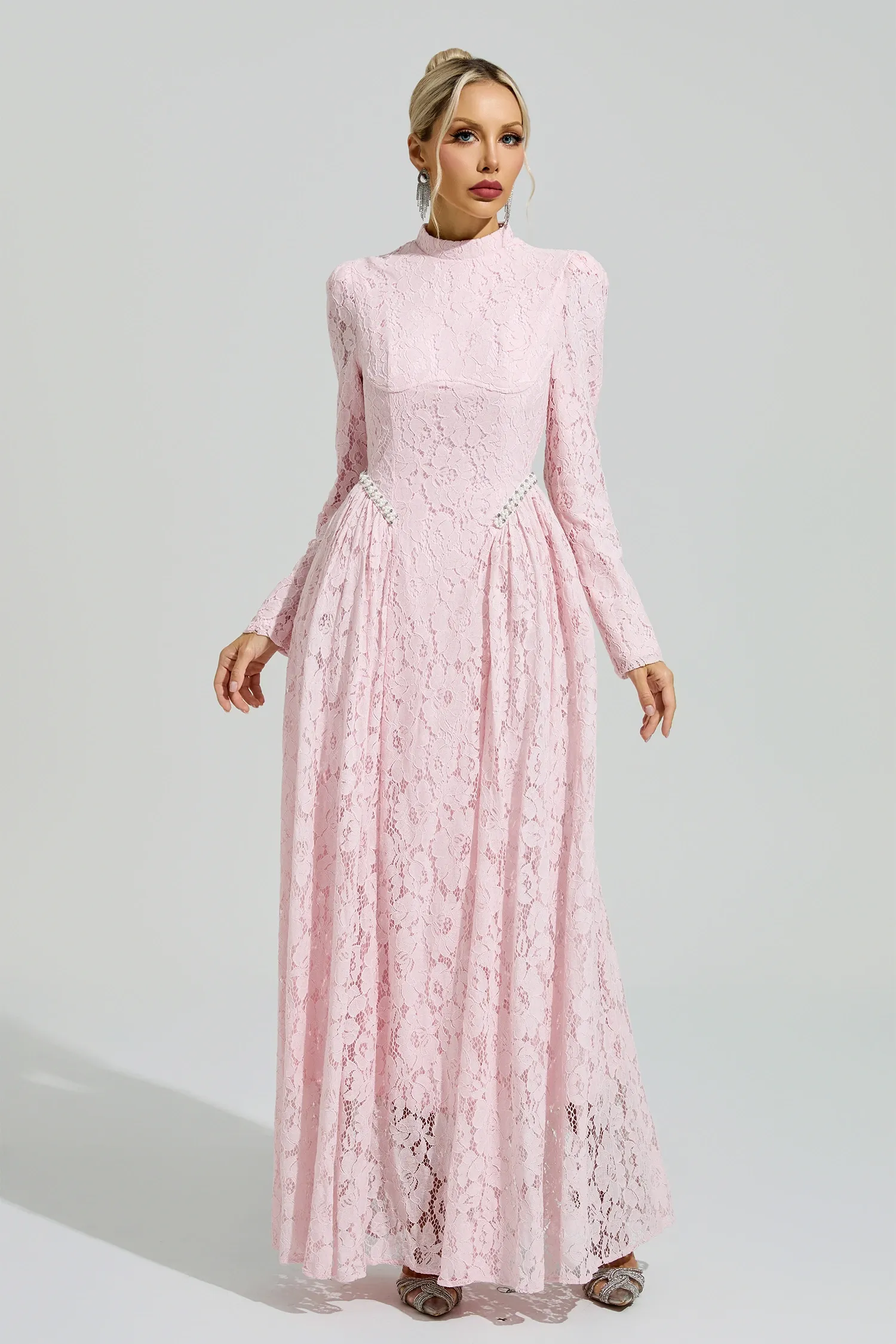 Russell Pink Lace Embroidered Maxi Dress