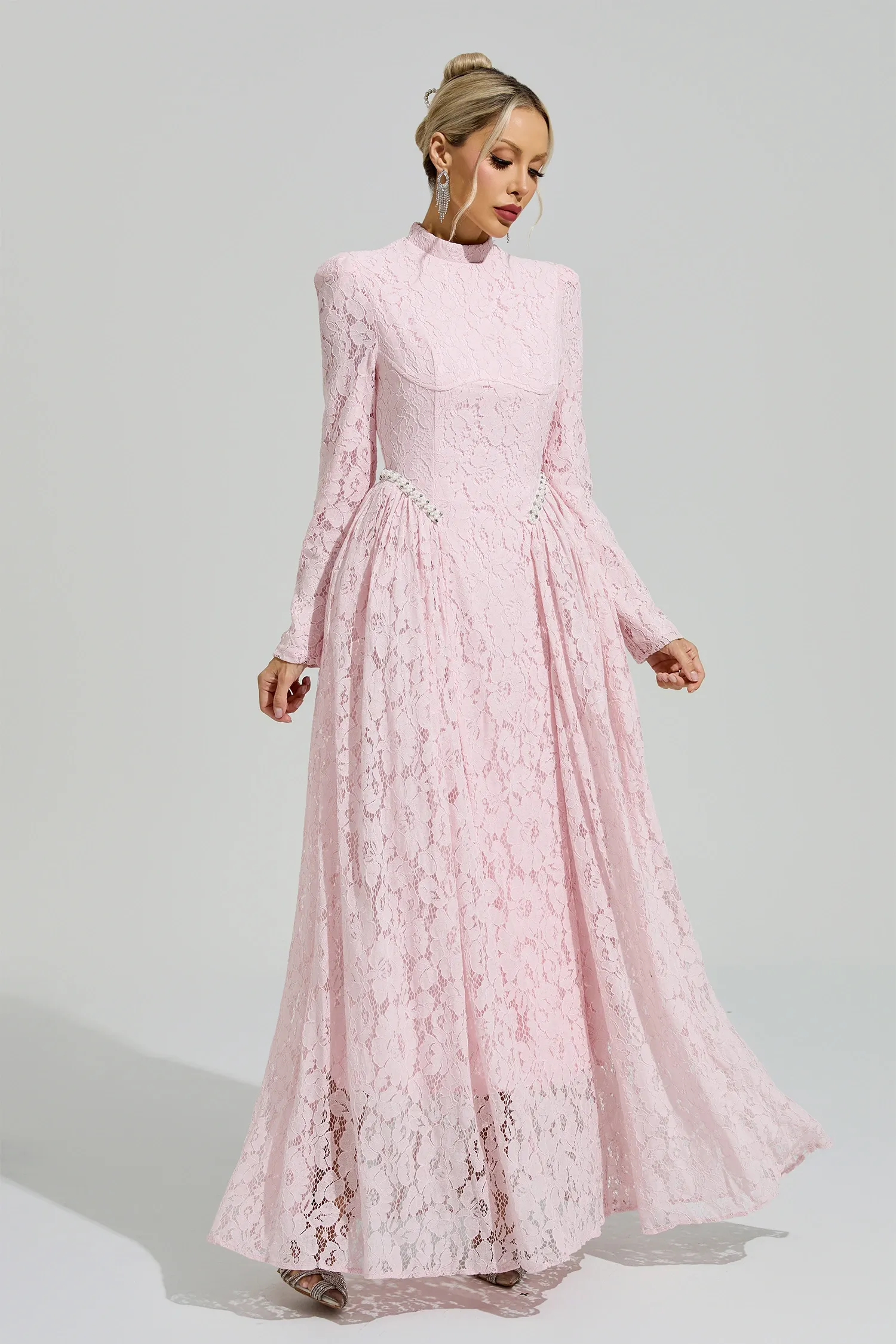 Russell Pink Lace Embroidered Maxi Dress
