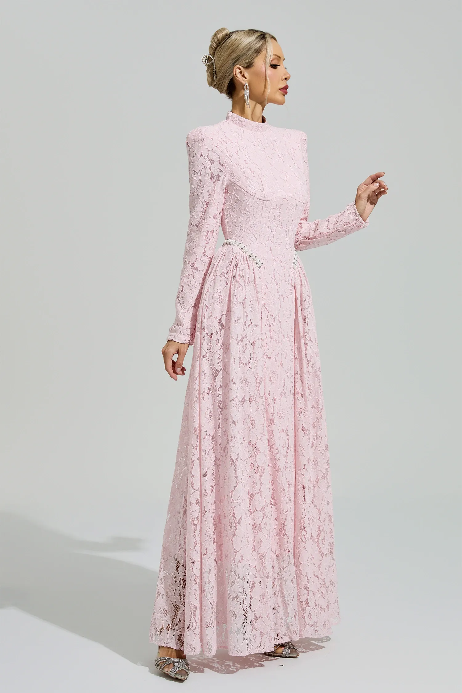 Russell Pink Lace Embroidered Maxi Dress