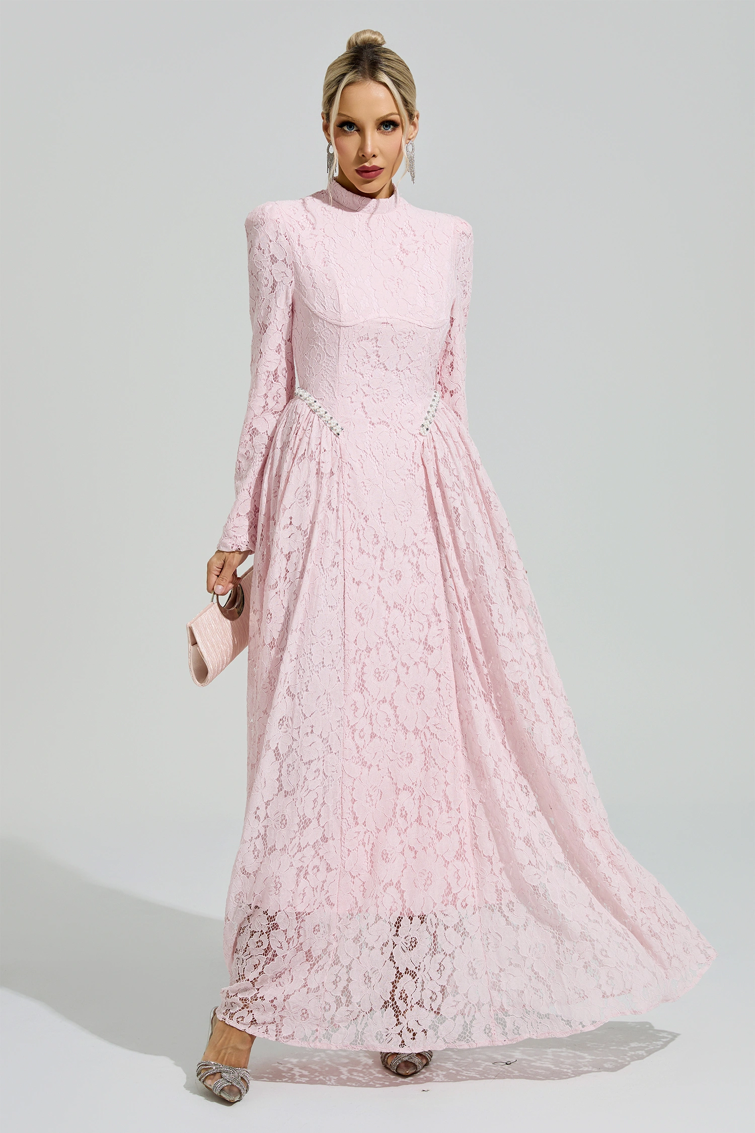 Russell Pink Lace Embroidered Maxi Dress